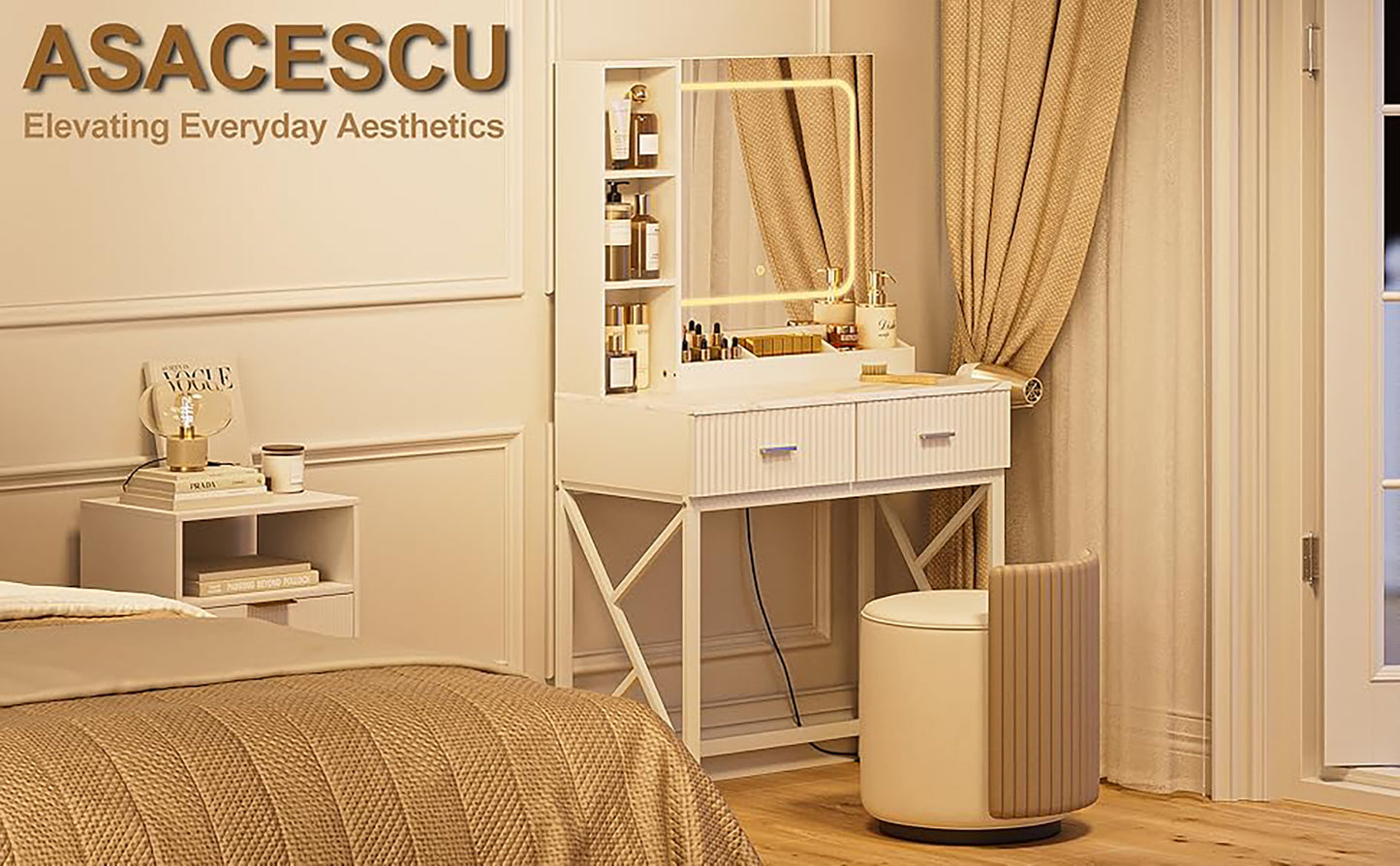 Juyafio Modern Vanity Desk with Mirror, Adult Makeup Vanity with Tri-Color Adjustable LED Lights,2 Drawers 3 Storage Shelves for Bedroom,White