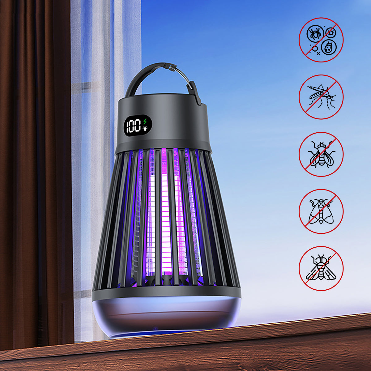 QSCQBug Zapper, 2000 Volt Wireless Rechargeable Electronic Insect Killer, Indoor Mosquito Zapper for Home, Fly Trap for Outdoor with Built-in Camping Light, Black