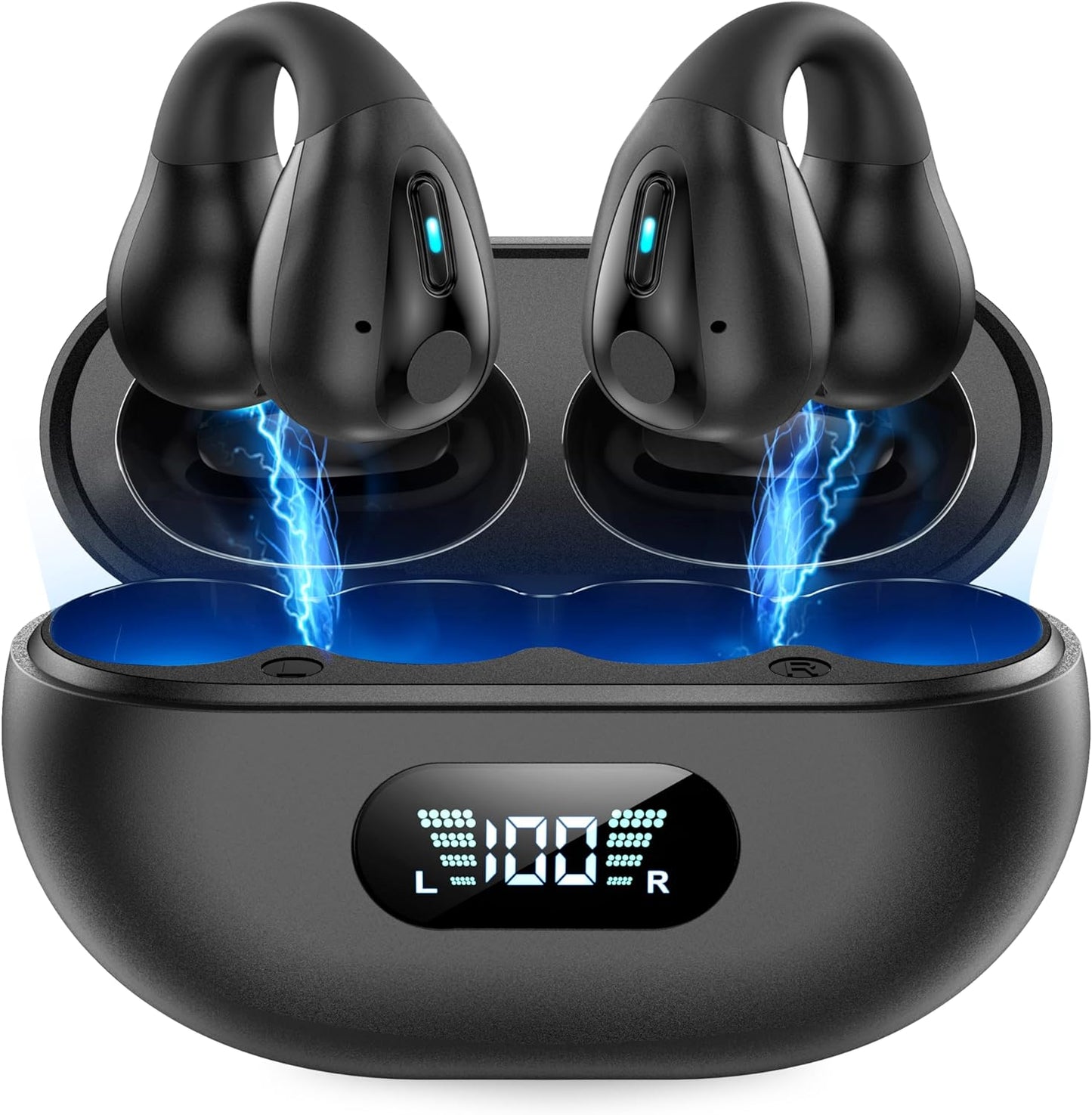 delpattern Wireless Earbuds, Bluetooth 5.3 Headphones with Mic, Sport True Wireless Earphones in Ear Noise Cancelling, Ear Hooks with LED Display Touch Control for Sport/Work, IPX65 Waterproof, Black