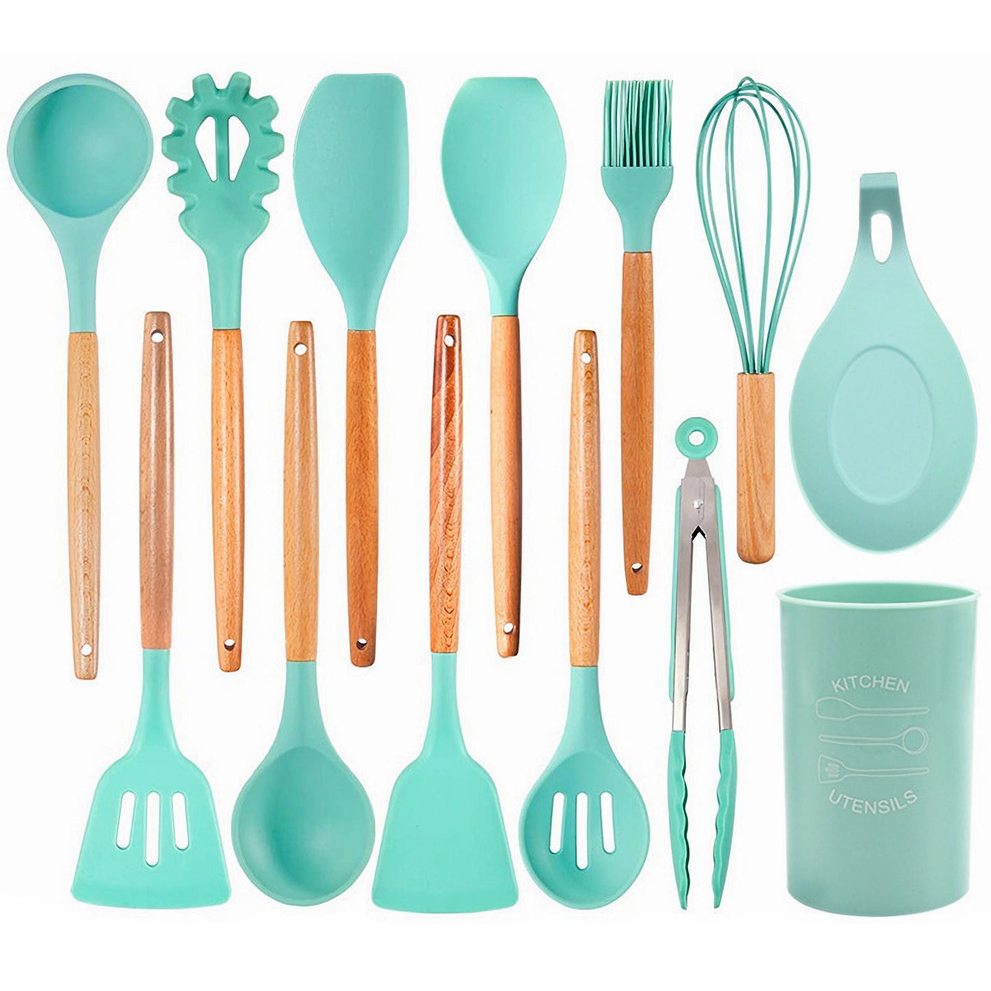 Kitchen Utensils Set-Cooking Utensils Set with Wooden Handle, Set of 13-Non-Stick Slicone Utensils, Green