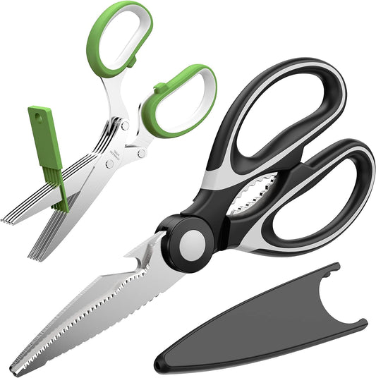 Juyafio 2 Pack Kitchen Scissors Herb Scissors Multipurpose Function Heavy Duty Kitchen Shears and 5-Blade Herb Shears with Cleaning Comb Safety Cover