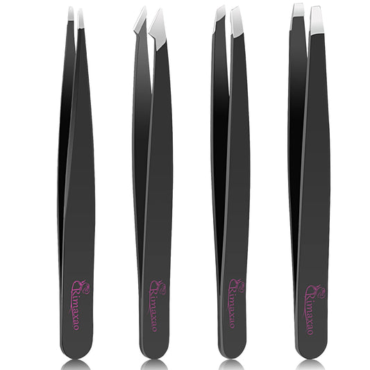 4 Pcs Tweezers, Stainless Steel Tweezers Tools, Hair Removal Makeup Tools Eyebrow Tools, Slant Tip Tweezer for Eyebrows, Gift