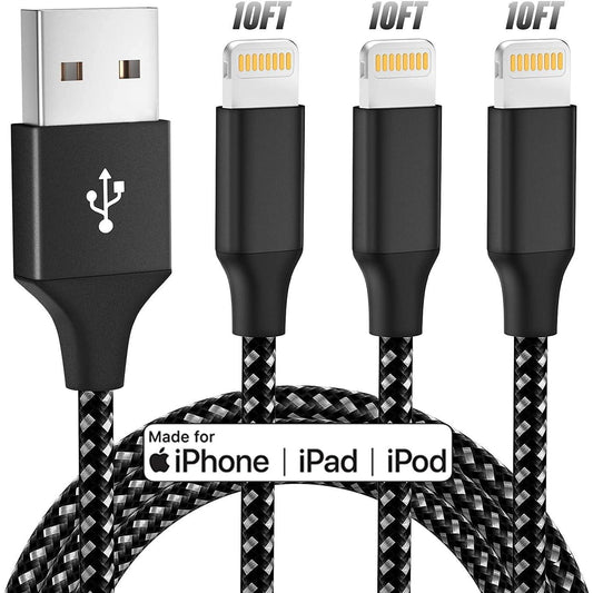 iPhone Charger [Apple Mfi Certified] 3 Pack 10ft Lightning Cables Fast Charging iPhone Cord Compatible with iPad iPod Black