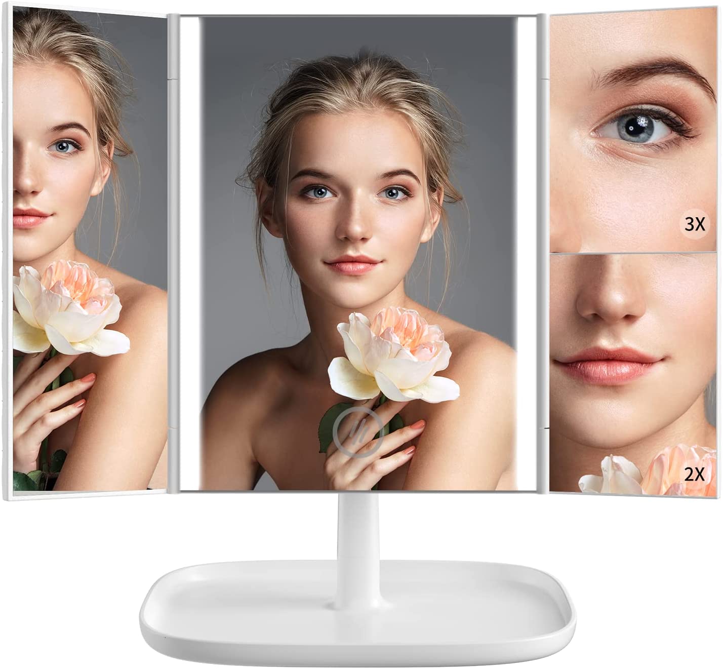 Makeup Mirror Vanity Mirror with 52 LED Lights, 1x 2X 3X Magnification, Trifold Lighted Face Mirrors, Touch Control, with 360 Degree Adjustable Stand Portable, White