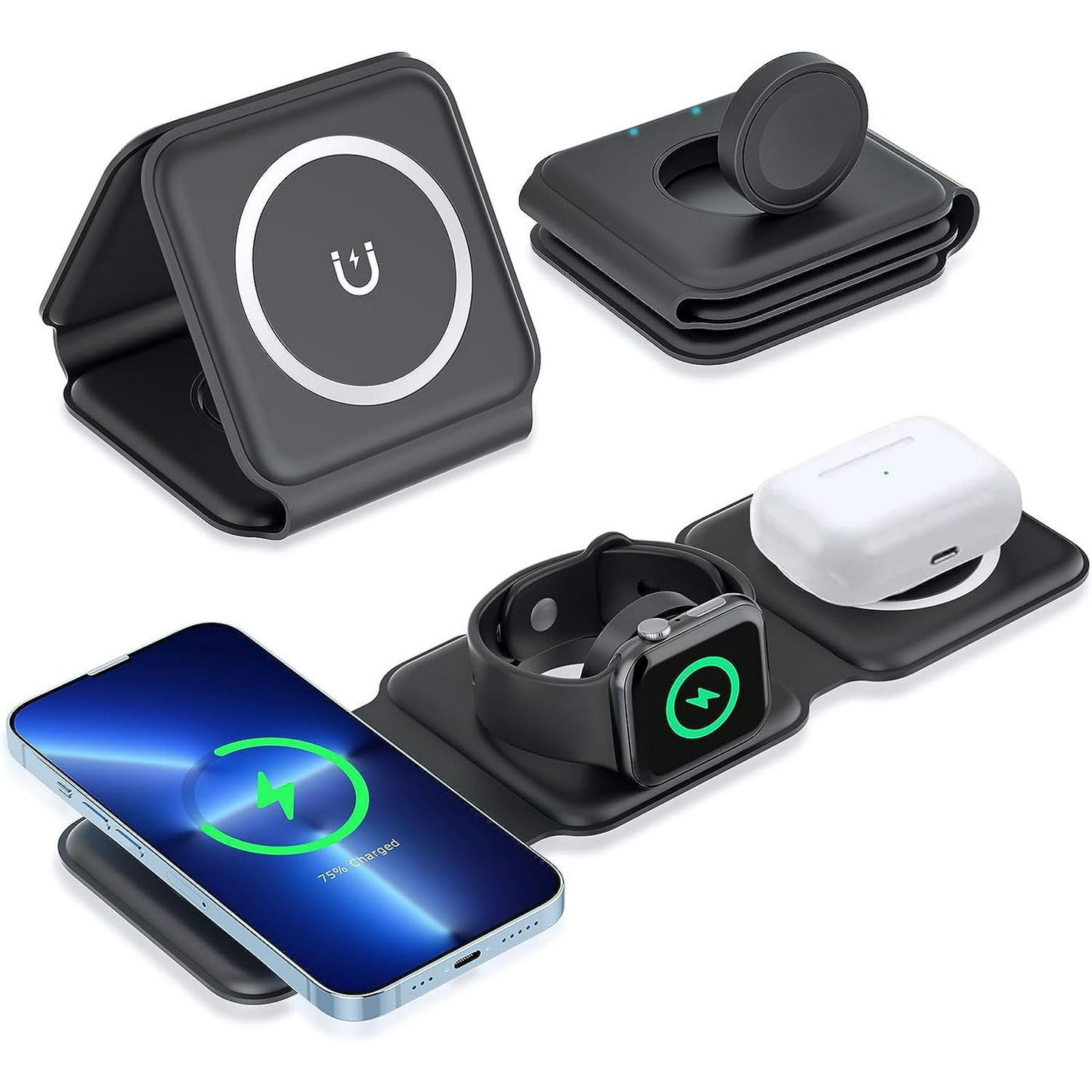 3 in 1 Wireless Charging Station for iPhone and Android Magnetic Wireless Charger iPhone 14 13 12 11/Pro/XS/XR AirPods 3/2/Pro Foldable Charger Dock Station for iWatch Black