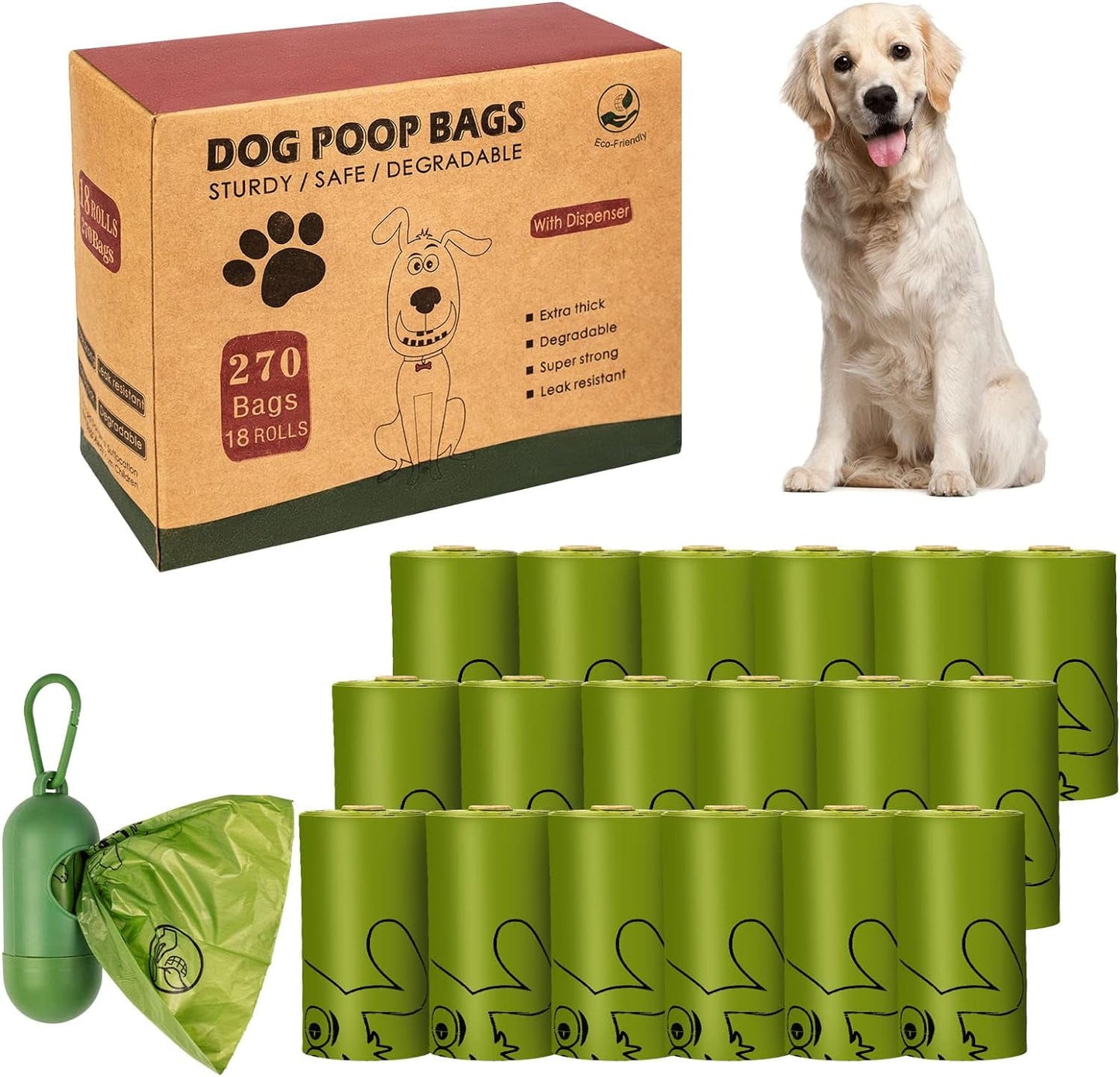 Dog Poop Bags 270 Count Dog Waste Bags with Dispenser Leak Proof Extra Thick Strong for Dogs Cats Litter Outdoor Puppy Walking, Green