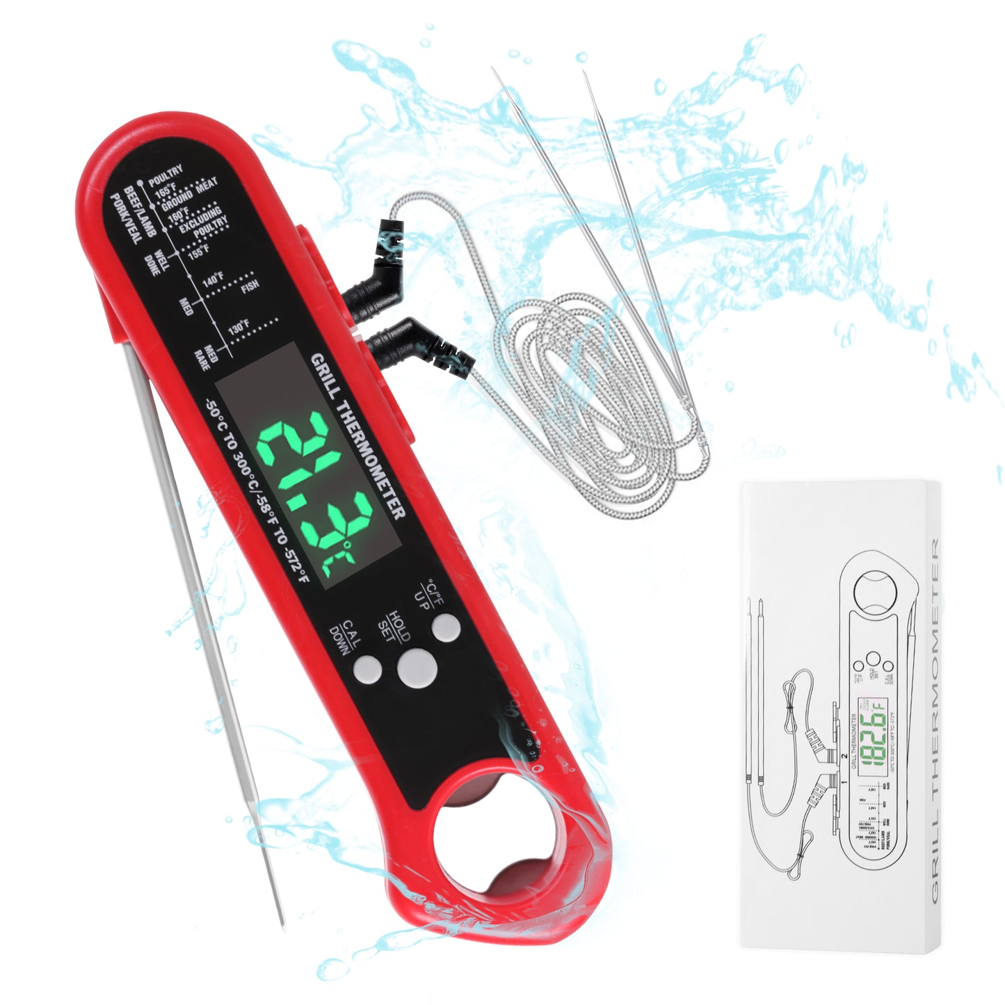 Meat Thermometer Digital with 2 External Probe, Instant Read Food Thermometer Probe with Backlit Magnetic Alarm Waterproof for Cooking and Grilling Kitchen Turkey Candy BBQ