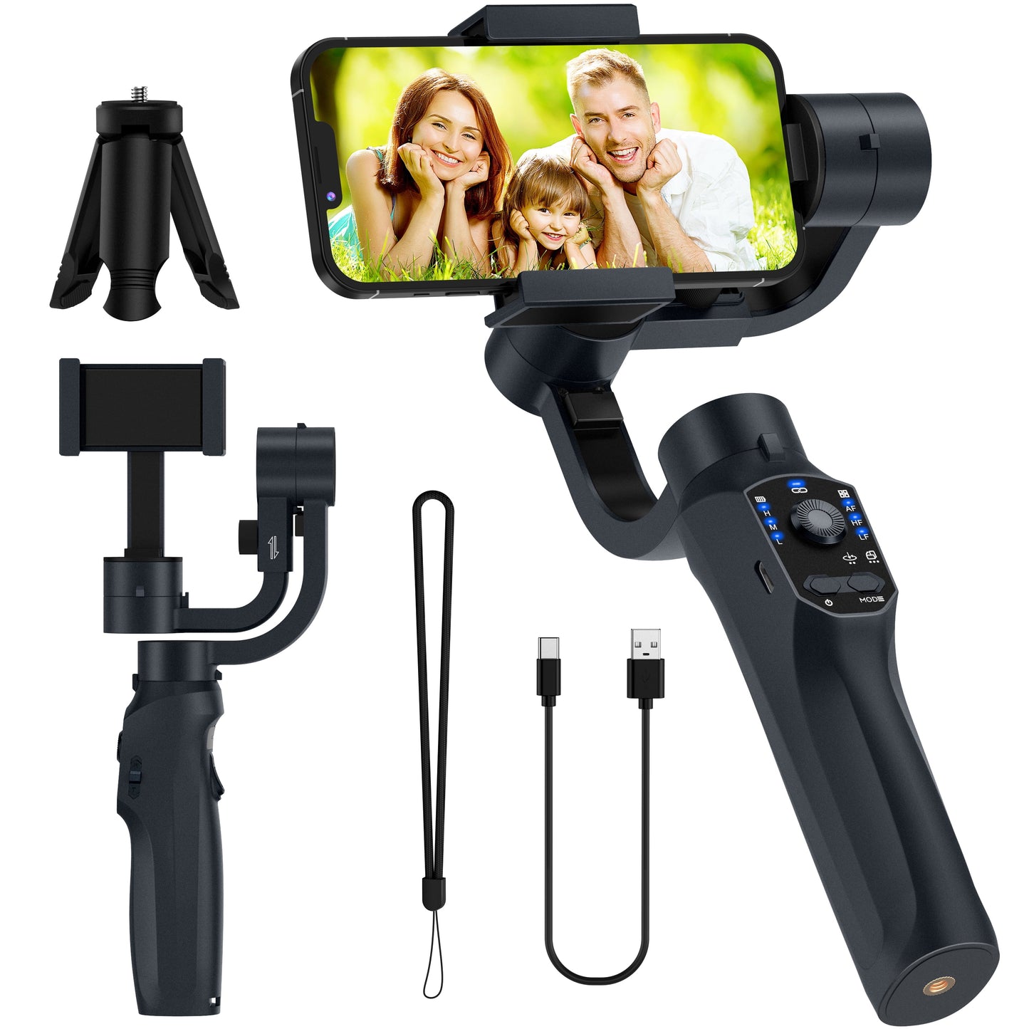 QSCQ Gimbal Stabilizer for Smartphone, 3-Axis Gimbal Gimbal for iPhone and Android Selfie Stick, Portable and Foldable Phone Stabilizer for Video Recording with Face/Object Tracking