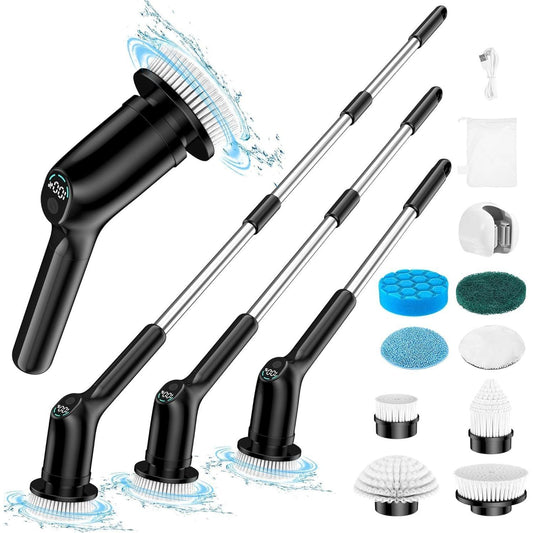 Electric Spin Scrubber, Shower Scrubber with 53.3'' Adjustable Extension Arm, 2 Spin Speeds Adjustable, 3 Replaceable Cleaning Brush Heads, Power Scrubber for Cleaning Bathroom/Shower/Tub/Tile/Car