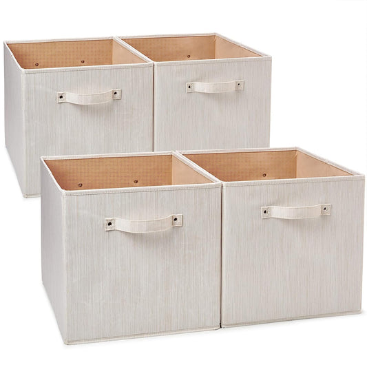 4 Large Storage Bin Cubes, Collapsible Bamboo Fabric Folding Organizer Basket Boxes Set with Handles for Nursery, Playroom, Kids, Living Room - 13x15x13 inch, Beige