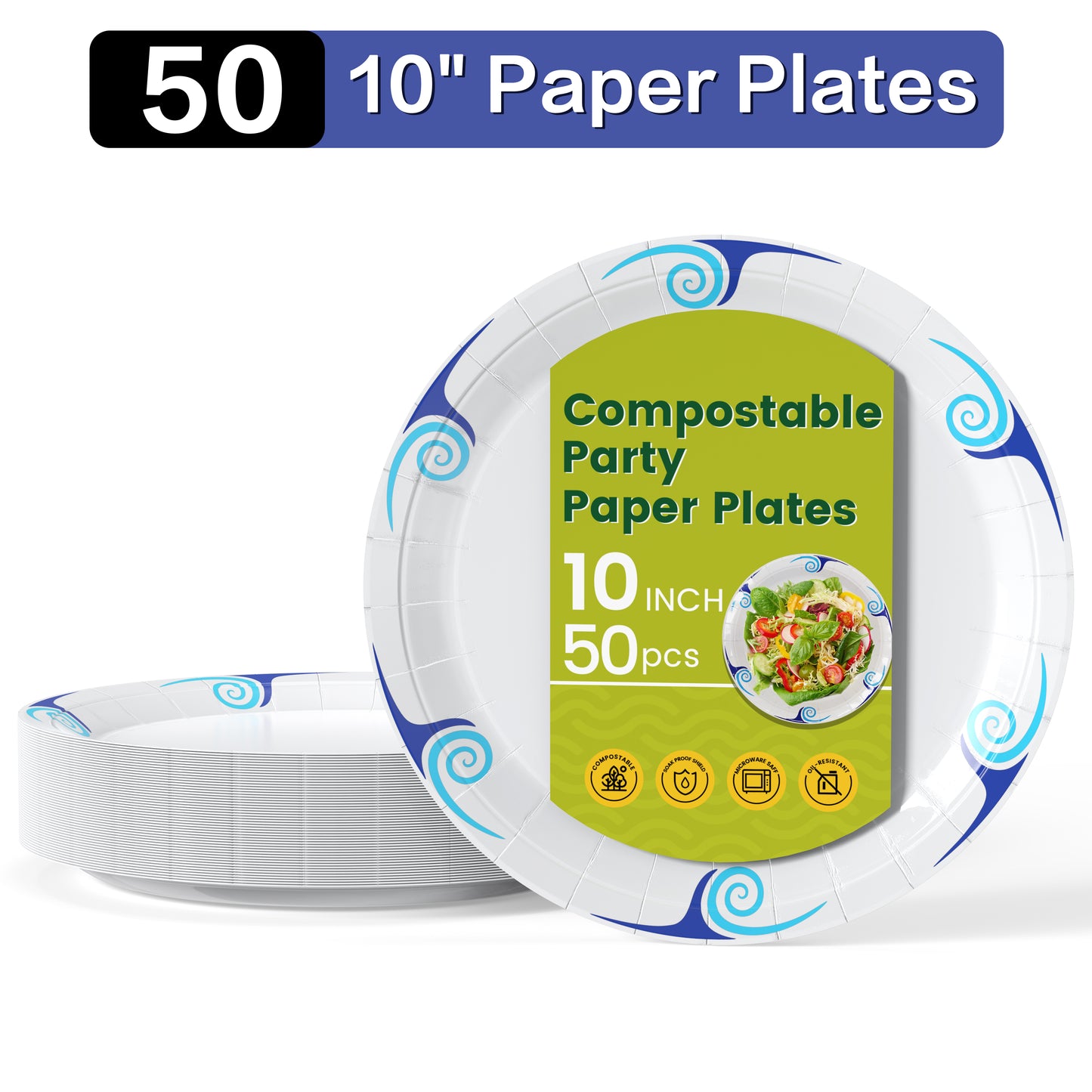 Paper Plates, 10 inch, 50 Count, Disposable Plates Compostable Plates Desechables for Party,Birthday,Everyday, Blue