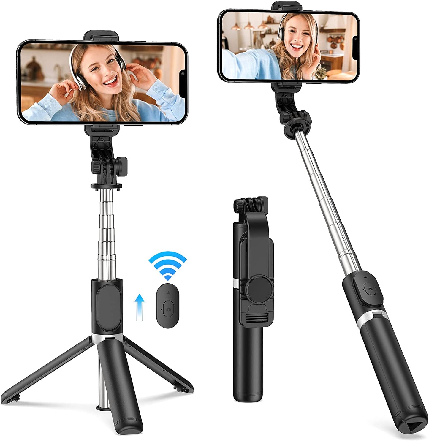 QSCQ Wireless Selfie Stick, Extendable Selfie Stick Tripod with Detachable Bluetooth Shutter Remote, Tripod for iphone and Phone Tripod, Black