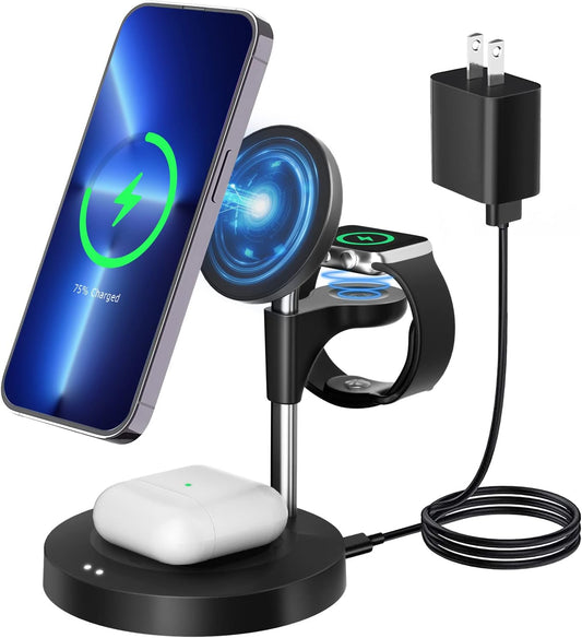 3-in-1 Wireless Charging Station Speedy, Magsafe Chargers, QC2.0 & 3.0 Fast Charger - Perfect for Pro iPhone 14,13,12 Users Watch Lovers, Ideal for Home or Office Use Sleek Black