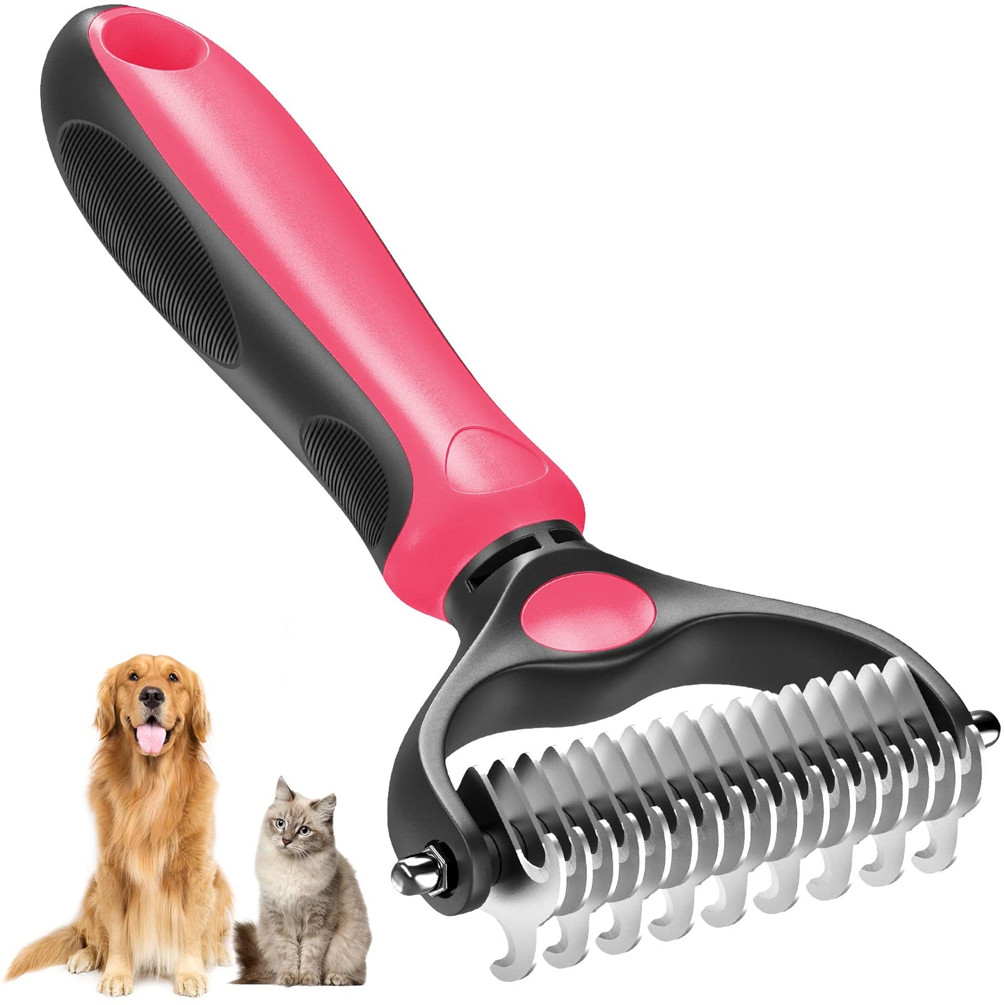 Pet Grooming Brush Double Sided Shedding Dematting Undercoat Rake Comb for Dog Brush Cat Brush for Mats Tangles Remove Pink