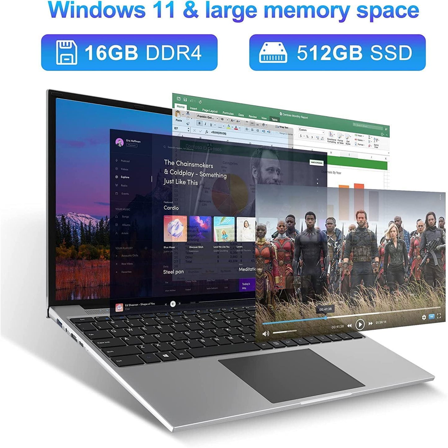 16in Windows 11 Laptop 16GB DDR4 512GB SSD Computer with 4-Core Intel Celeron, 1920*1200 FHD