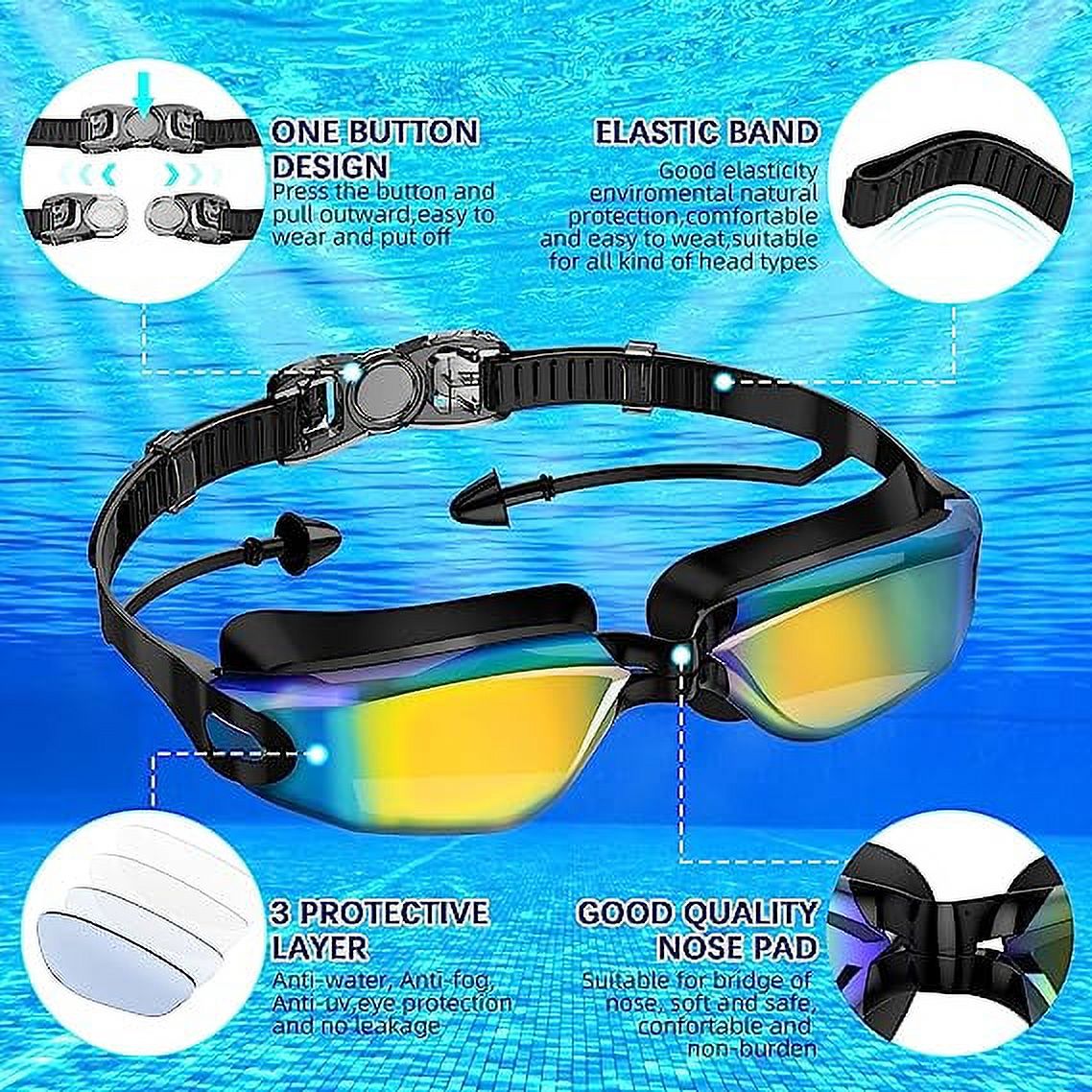 Swim Goggles, Goggle with Nose Cover, Tinted, Anti-Fog Lenses with UV Protection, No Leak Water, Swimming Goggles for Kids, Adult, Youth, Black