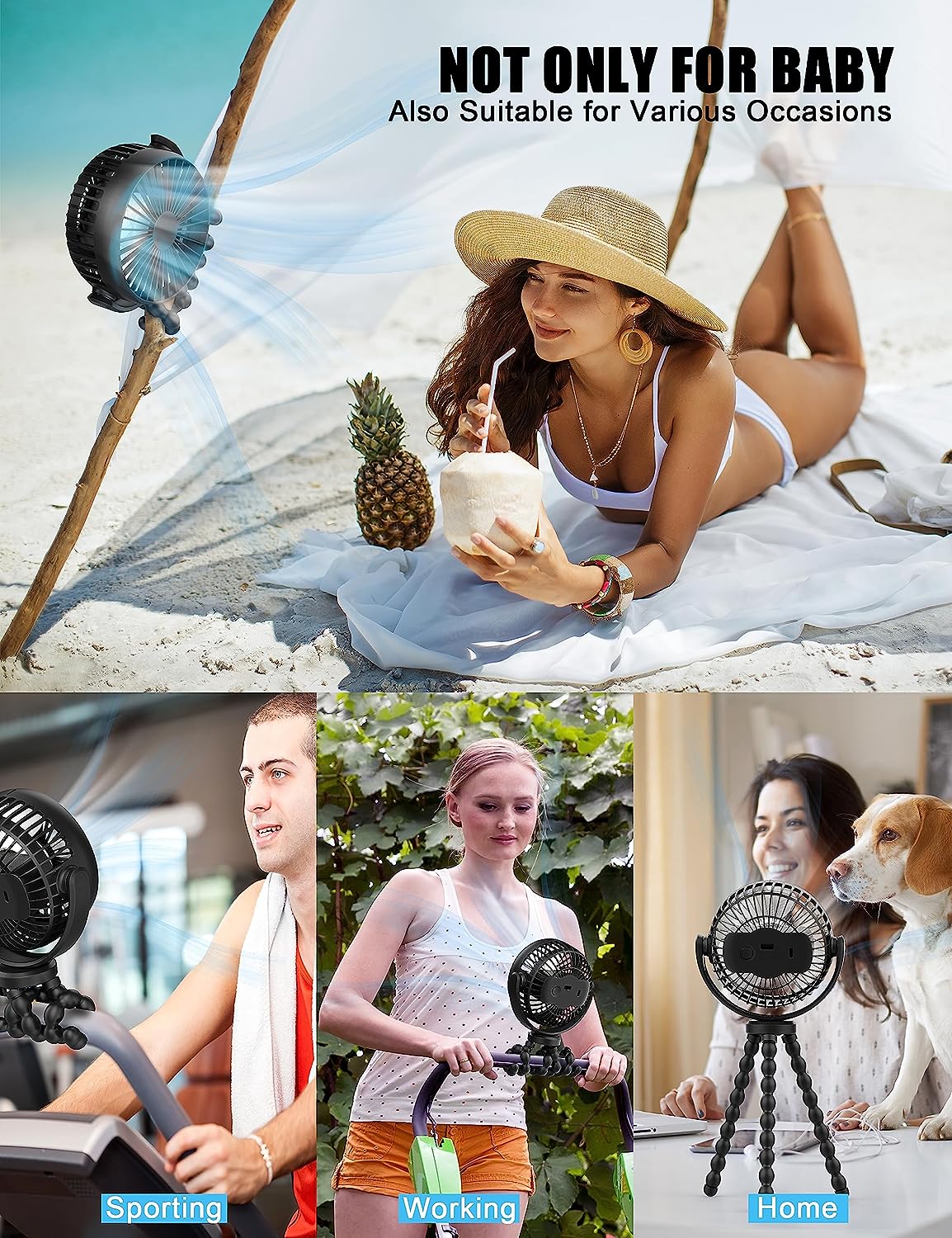 Portable Fan, Stroller Fan, Battery Powered Fan, Clip-on Fan with Flexible Tripod, Personal Rechargeable Cooling Fan with 360° Adjustable, for Stroller, Car Seat,Travel, Black