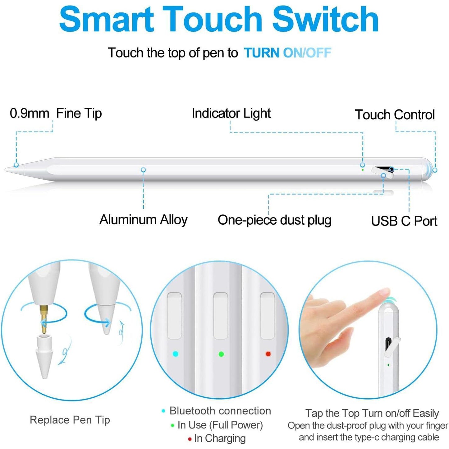 Pen for iPad 2018-2024 with Palm Rejection, Apple Pencil for Apple iPad 10th/9th/8th/7th/6th Gen, iPad Pro 11/12.9 inch, New iPad Air 2024 11&13-inch(M2) /5th/4th/3th Gen, iPad Mini 6th/5th Gen