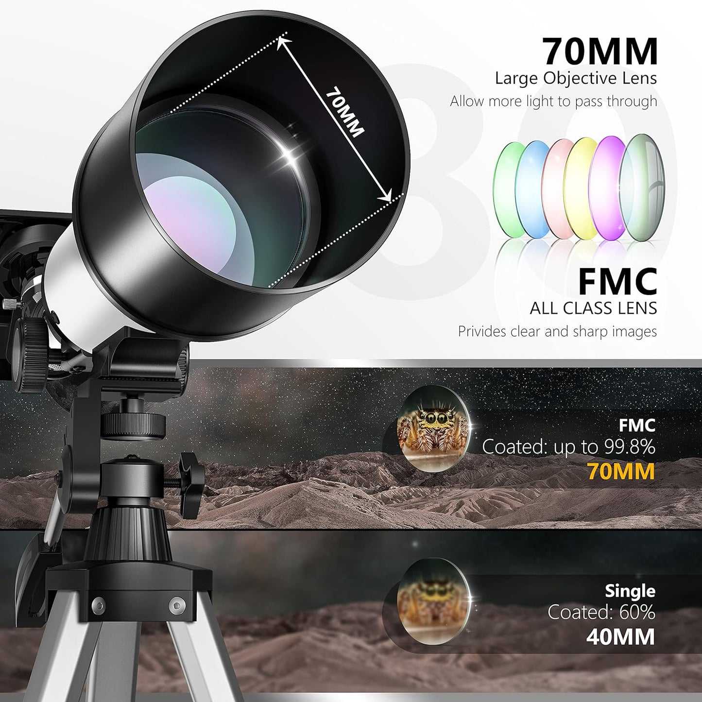 Juyafio Telescope, 70mm Aperture Telescopes for Astronomy, 16X-120X Magnification Telescopes for Kids,Adults, Portable Refractor Telescope with Adapter and Tripod