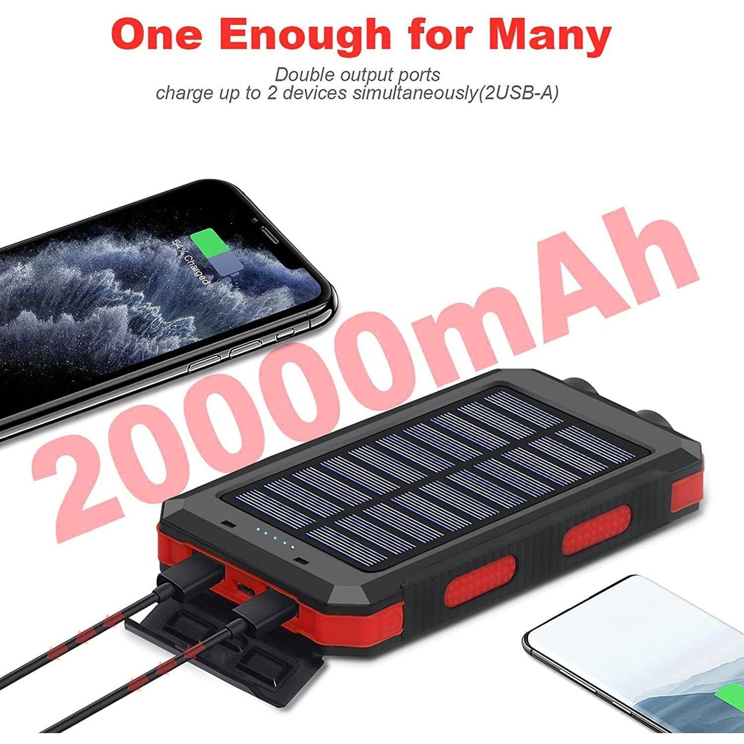 Solar Charger for Cell Phone 20000mAh, Portable Solar Power Bank with Dual 5V USB Ports, 2 Led Light Flashlight, Compass (Red)