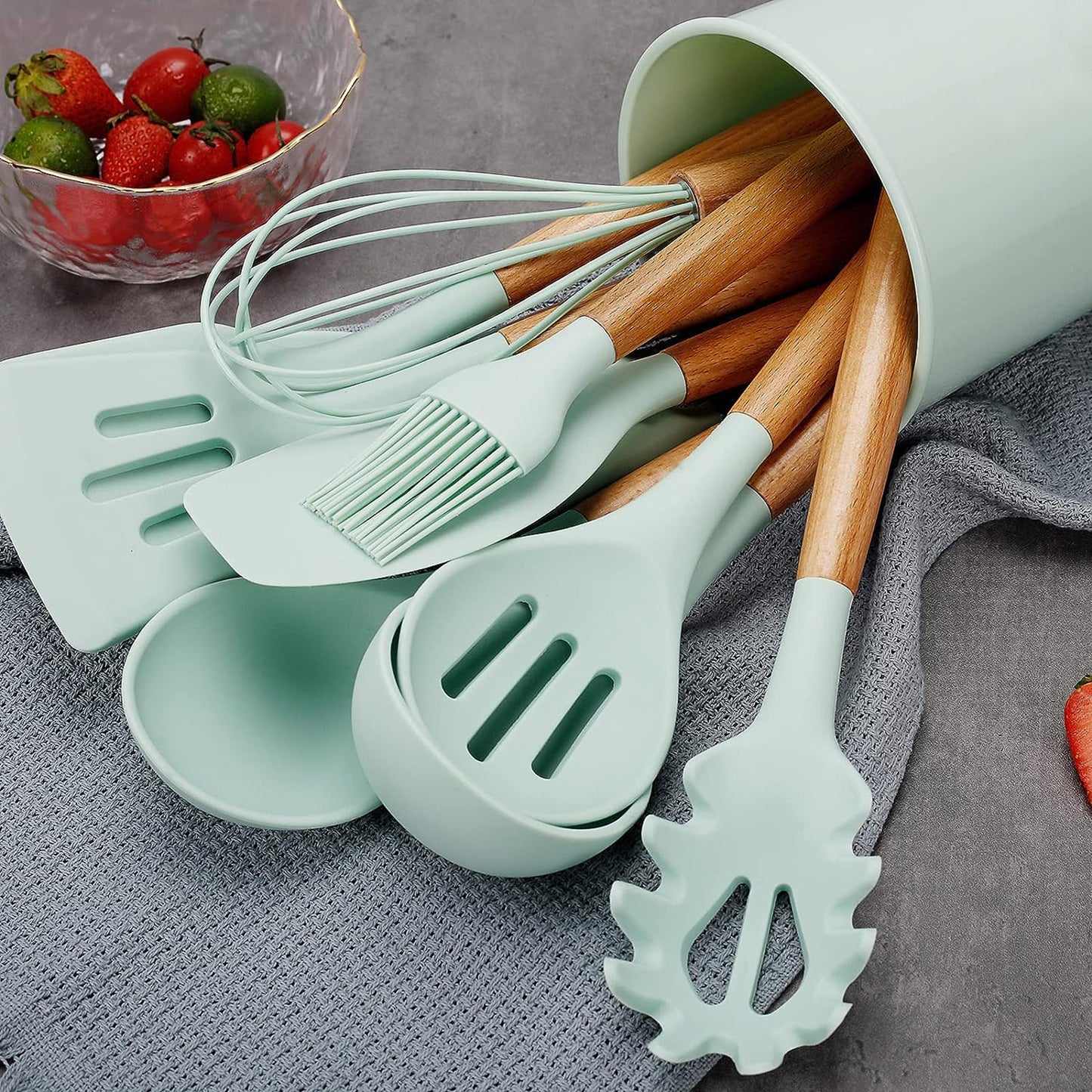 Kitchen Utensils Set-Cooking Utensils Set with Wooden Handle, Set of 13-Non-Stick Slicone Utensils, Green