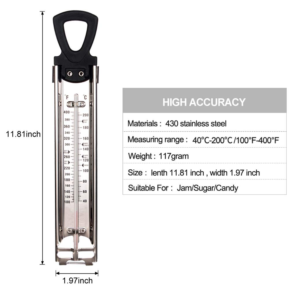 Candy Thermometer Deep Fry/Jam/Sugar/Syrup/Jelly Thermometer with Hanging Hook & Pot Clip Stainless Steel Cooking Thermometer Food Thermometer Candy Thermometer Quick Reference Temperature Guide