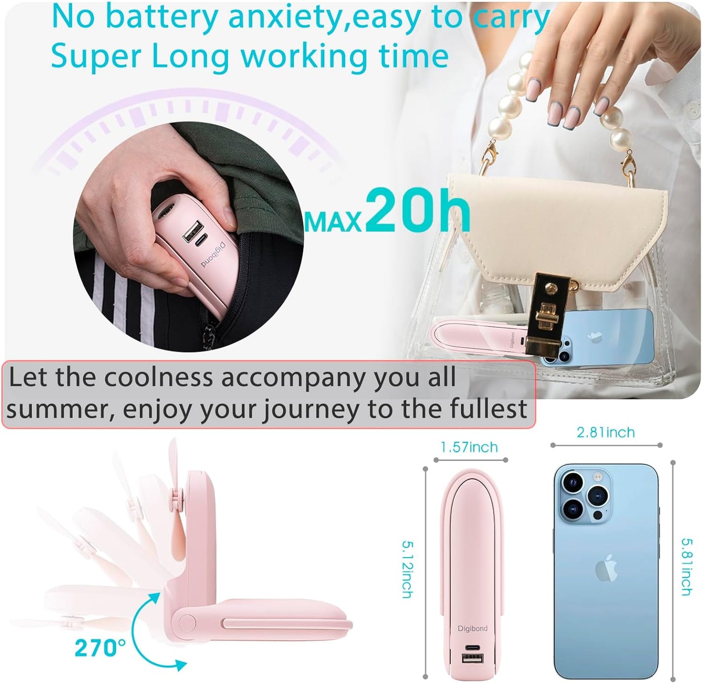 Portable Handheld Fan, Personal Fan Handheld, 6 IN 1 Electric Hand Fan Battery Operated Bullet Fan Handheld Mini Fan with Flashlight/Power Bank/Hook Rechargeable Fan Portable 3 Speed (White)