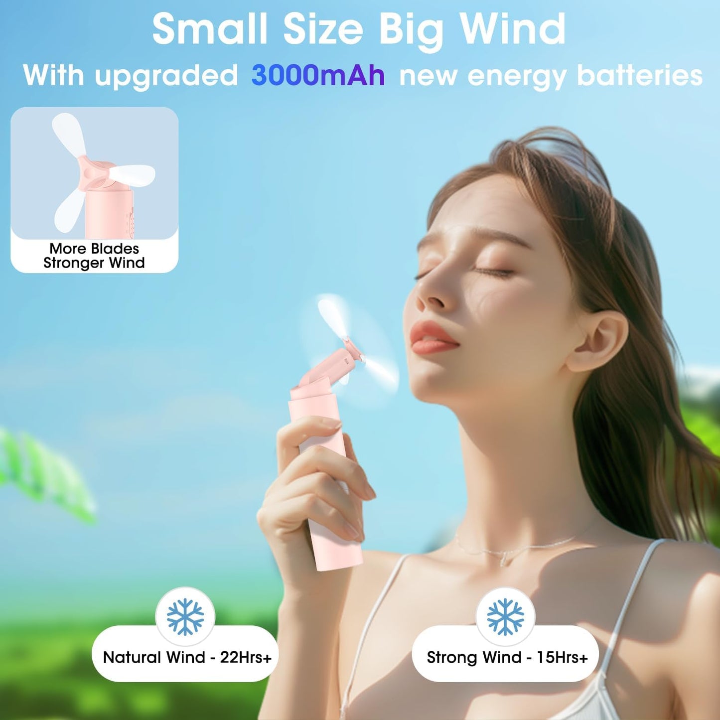 Handheld Mini Fan, Lipstick Mini Fan, Portable Rechargeable 3000mAh USB Battery Powered 22+Hrs Runtime Small Hand Held Fan Foldable Pocket Personal Fan Gifts for Women Girls Men Office,Travel,Outdoor - Pink