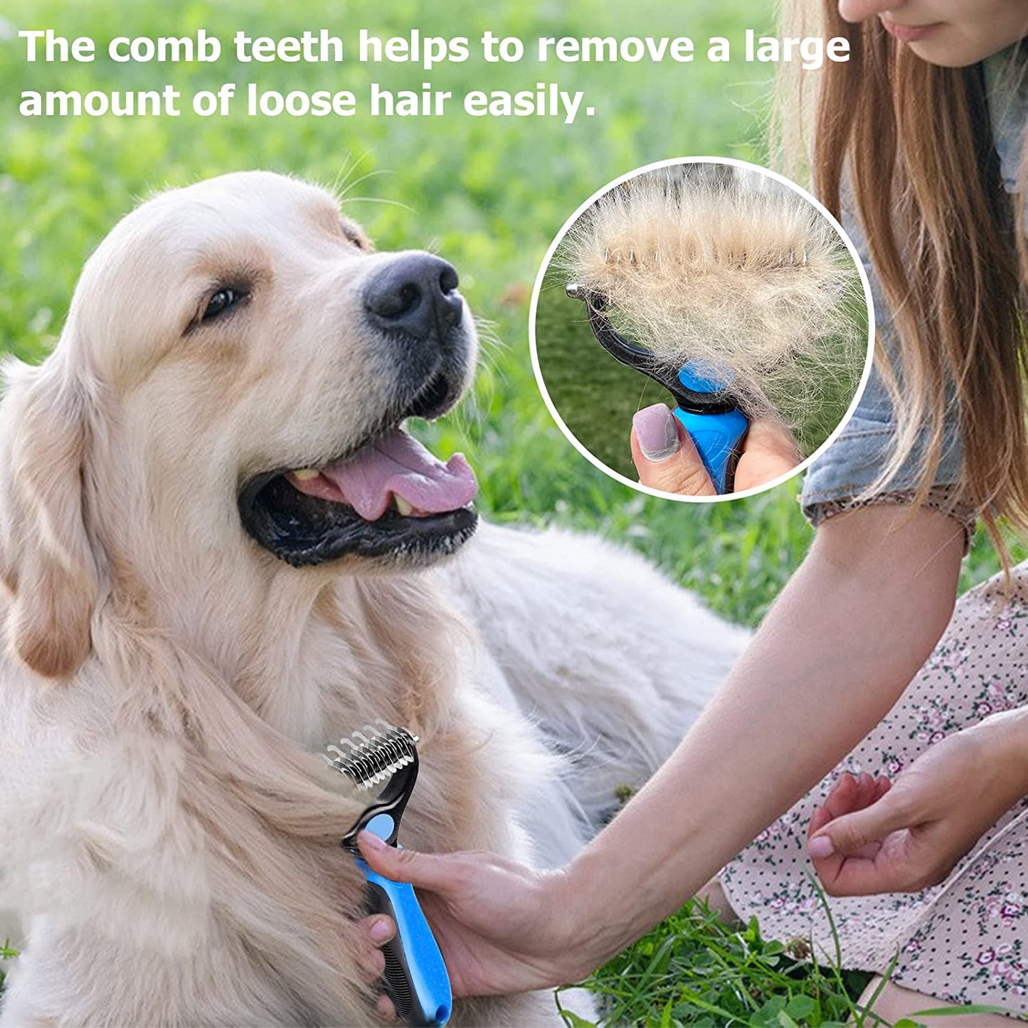 Pet Grooming Brush Gentle Dematting Comb Rake for Dogs Dematting Tool for Cats, 17+9 Teeth Double Sided Undercoat Rake for Mats Tangles Deshedding