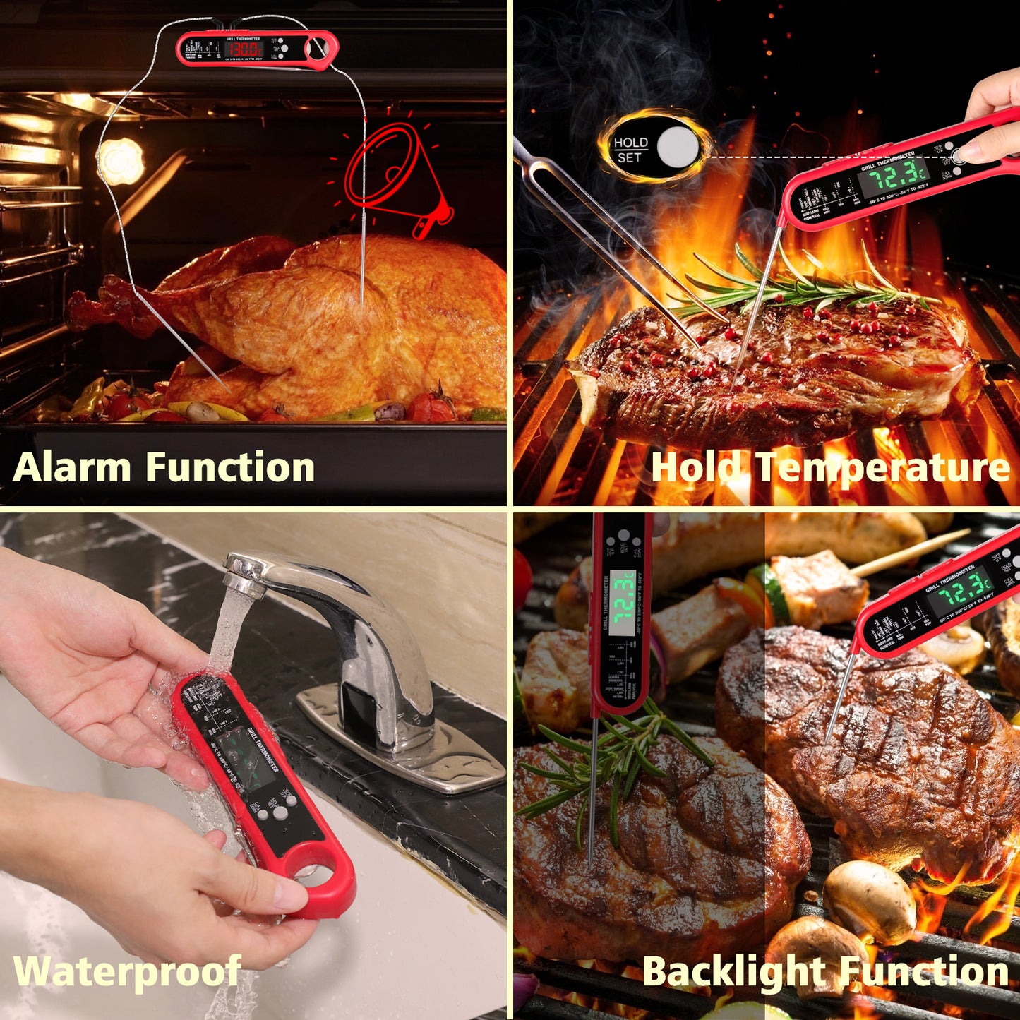 Meat Thermometer Digital with 2 External Probe, Instant Read Food Thermometer Probe with Backlit Magnetic Alarm Waterproof for Cooking and Grilling Kitchen Turkey Candy BBQ