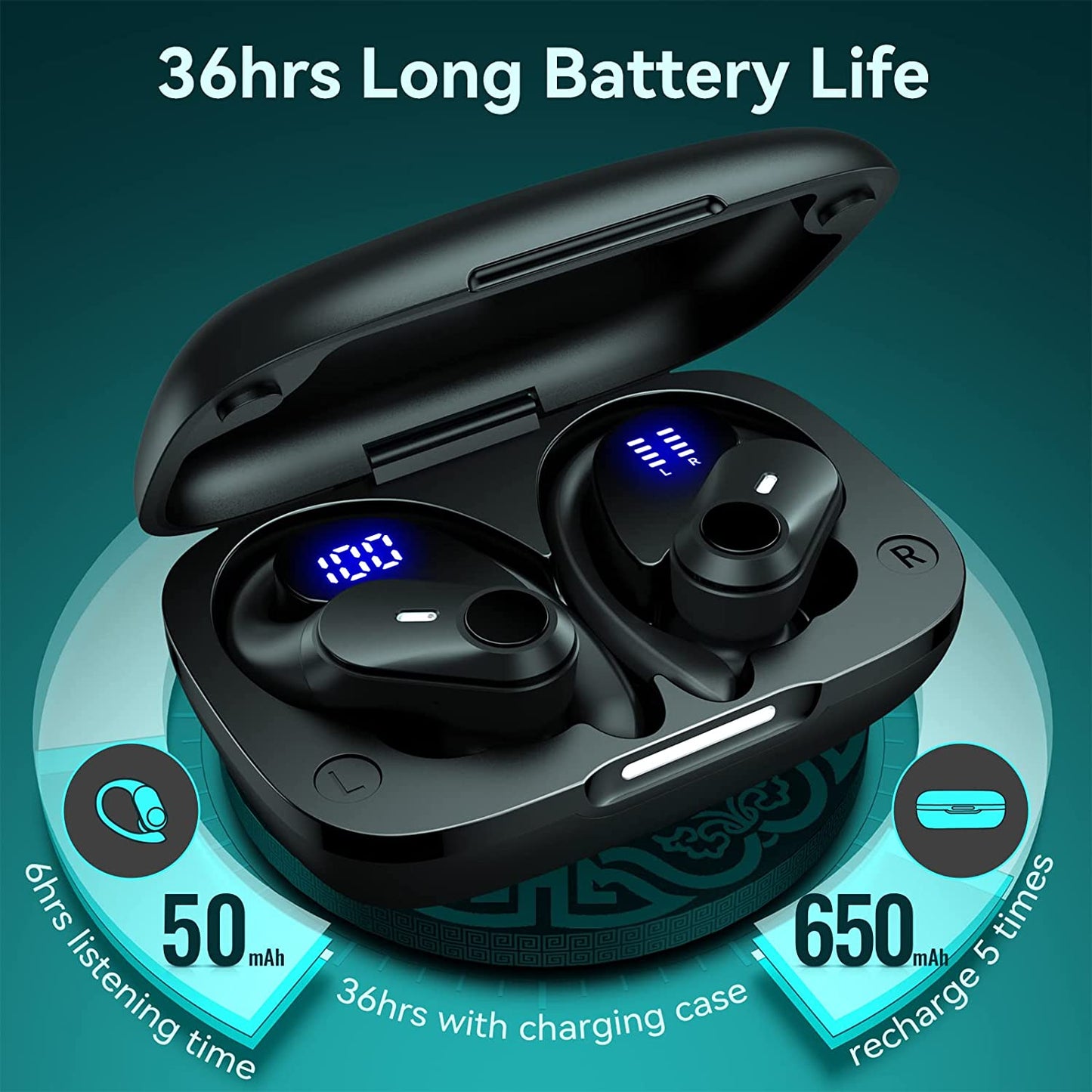 Bluetooth Headphones Wireless Earbuds with Wireless Charging Case & Dual LED Battery Display 36Hrs Playback Over-Ear Waterproof Earphones with Earhooks Headset Built-in Mic for Sport