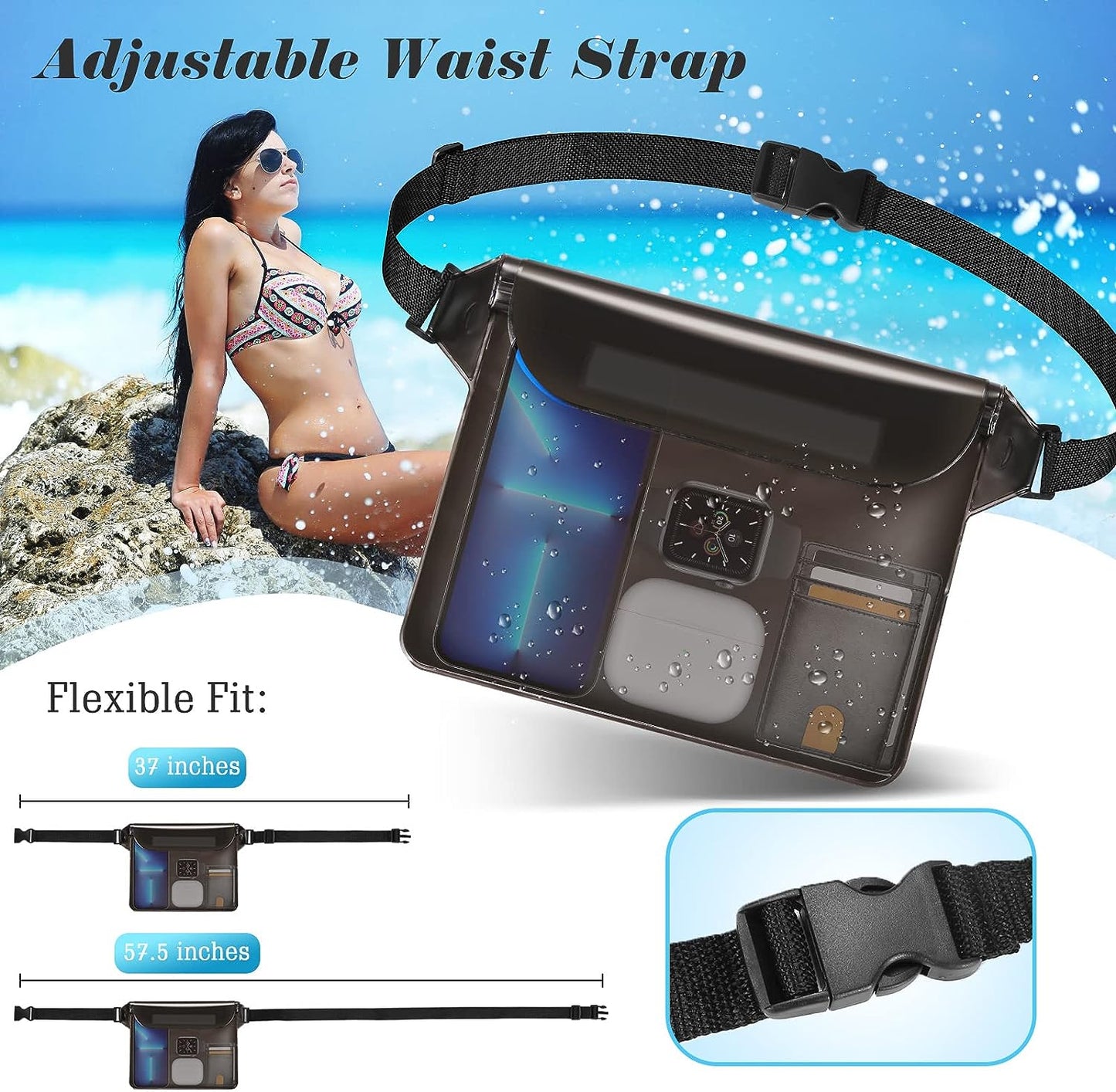 Waterproof Pouch with Waist Strap Beach Accessories Best Way to Keep Your Phone and Valuables Safe and Dry Perfect for Boating Swimming Snorkeling Kayaking Beach Pool Water Park 2 Pack Black