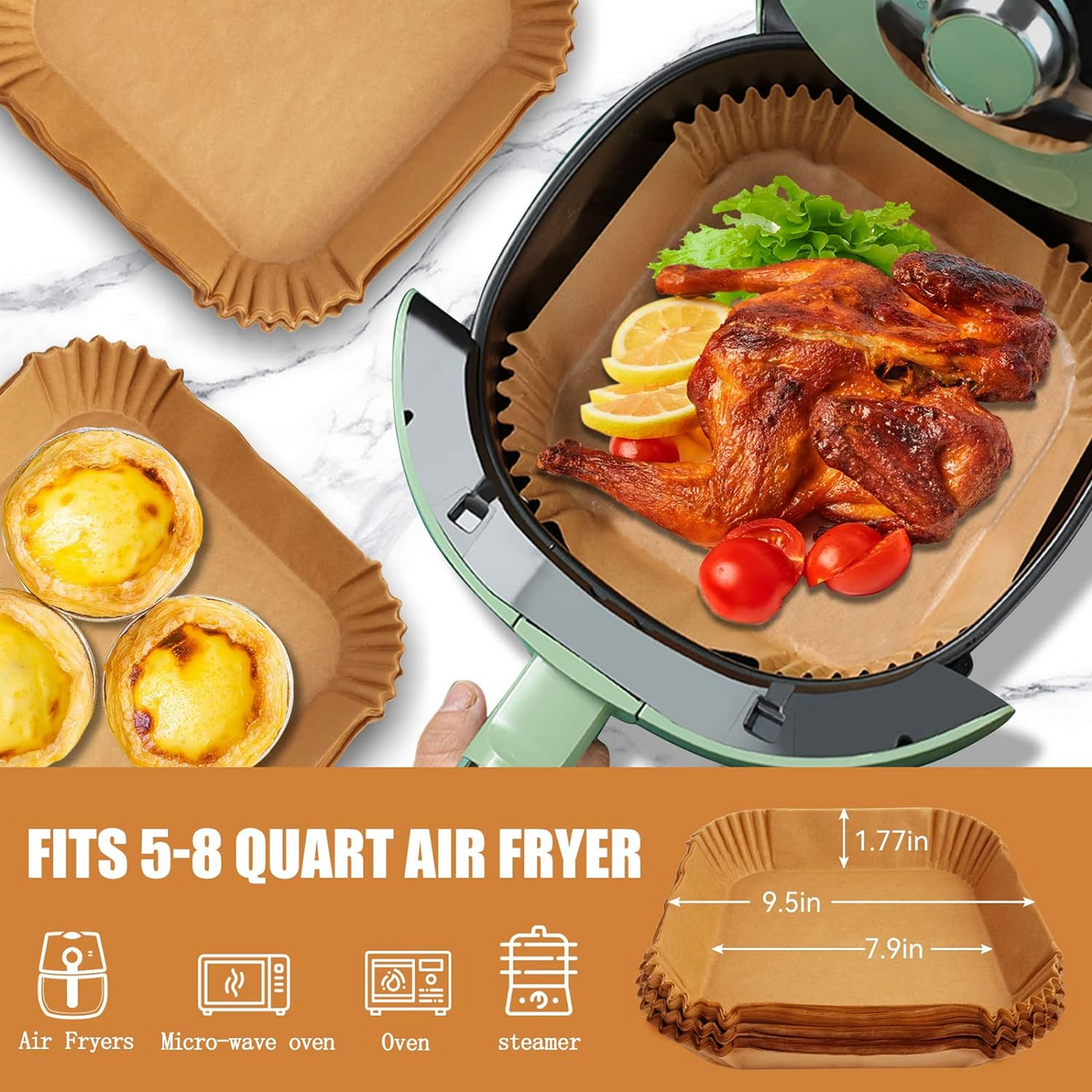 Air Fryer Liners Square,100 Pcs 7.9 inch Non-stick and Waterproof Disposable Parchment Paper for Frying,Baking,Cooking,Roasting