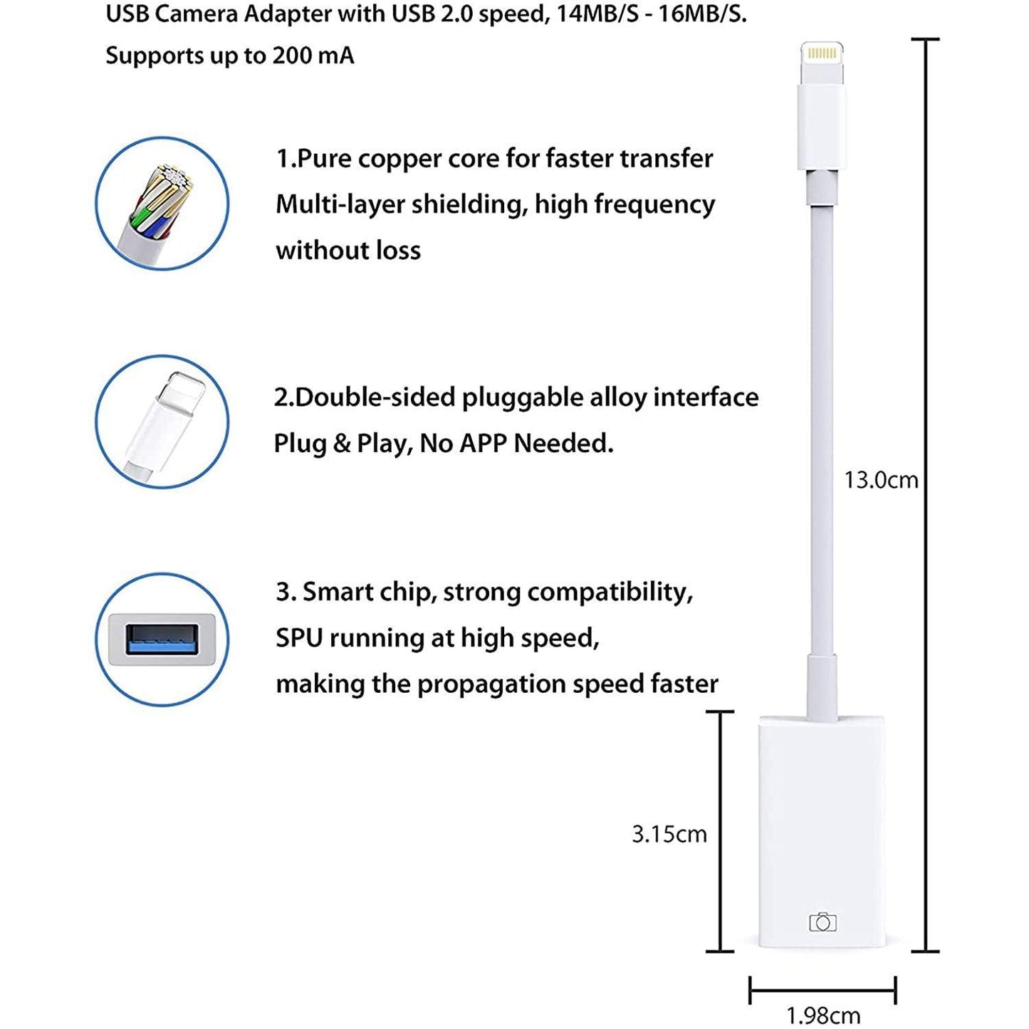 Lightning to USB Camera Adapter USB 3.0 OTG Cable Adapter Compatible with iPhone/iPad,USB Female Supports Connect Card Reader,U Disk,Keyboard,Mouse