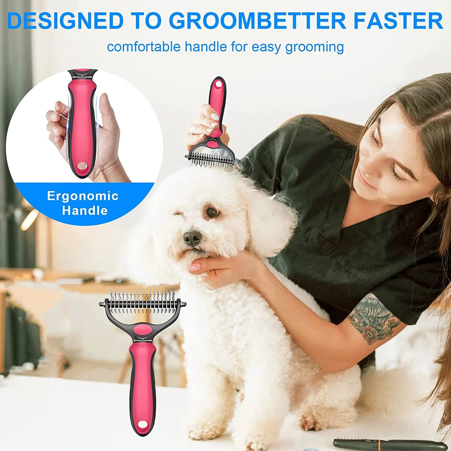 Pet Grooming Brush Double Sided Shedding Dematting Undercoat Rake Comb for Dog Brush Cat Brush for Mats Tangles Remove Pink