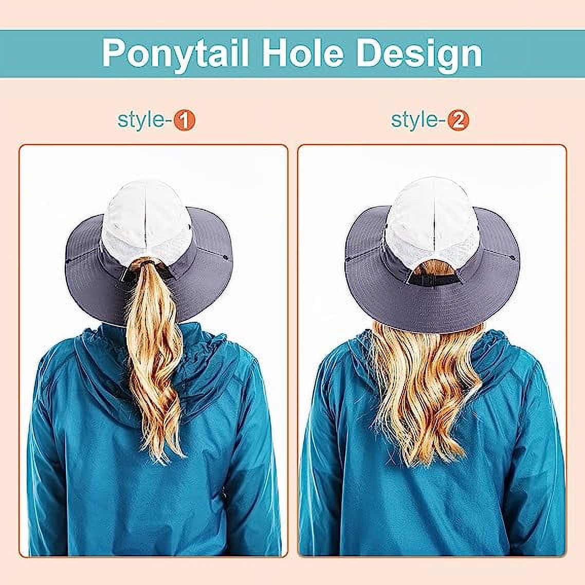 Sun Hat for Women UV Protection Bucket Fishing Hat with Ponytail-Hole, Foldable Outdoor Sun Hats Mesh Wide Brim Beach Hat