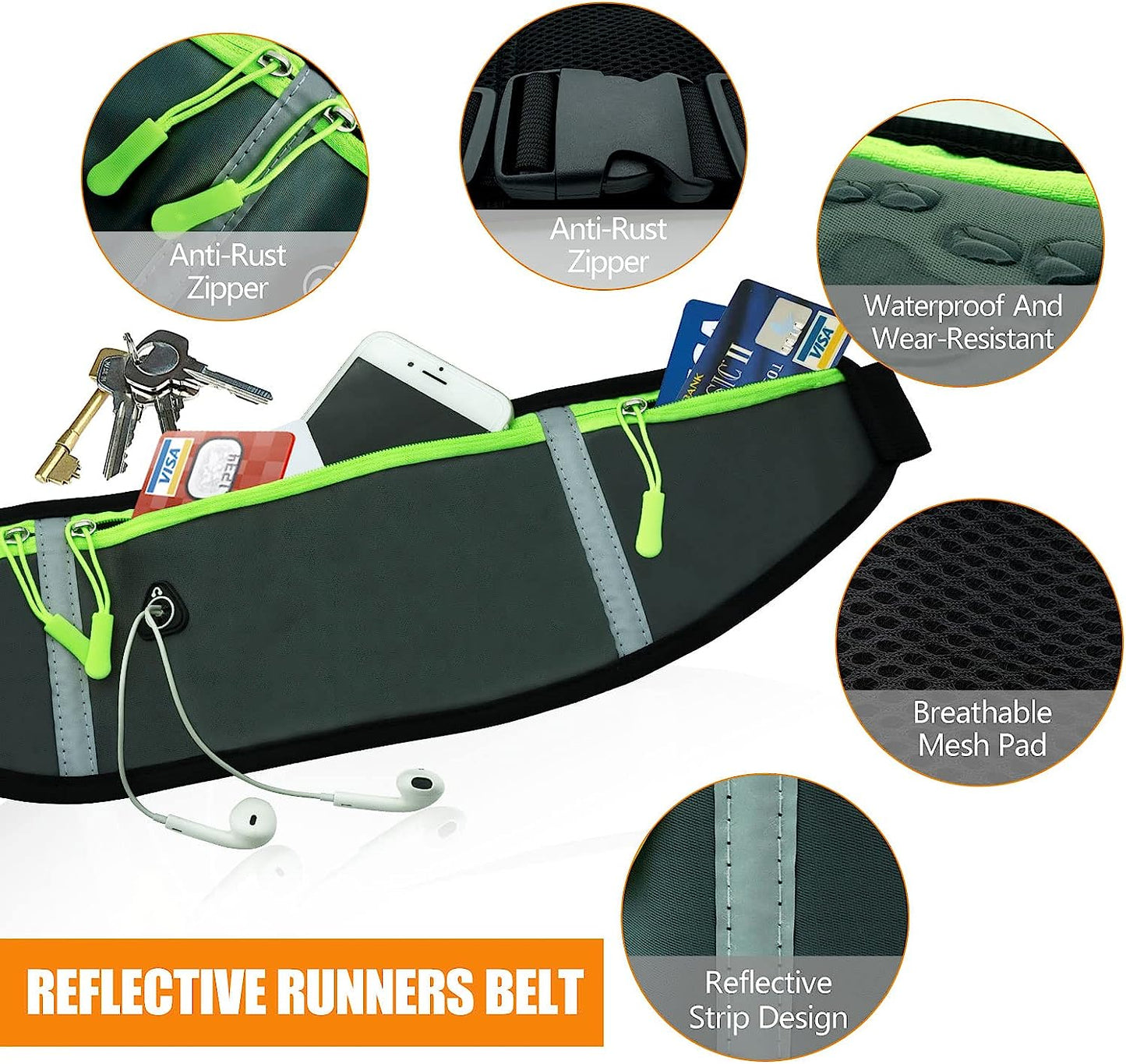 Waist Pack Bag Running Belt Reflective Runners Belt for Hiking Fitness Cycling Workout Gym Travel Jogging Pocket Belt (Black)