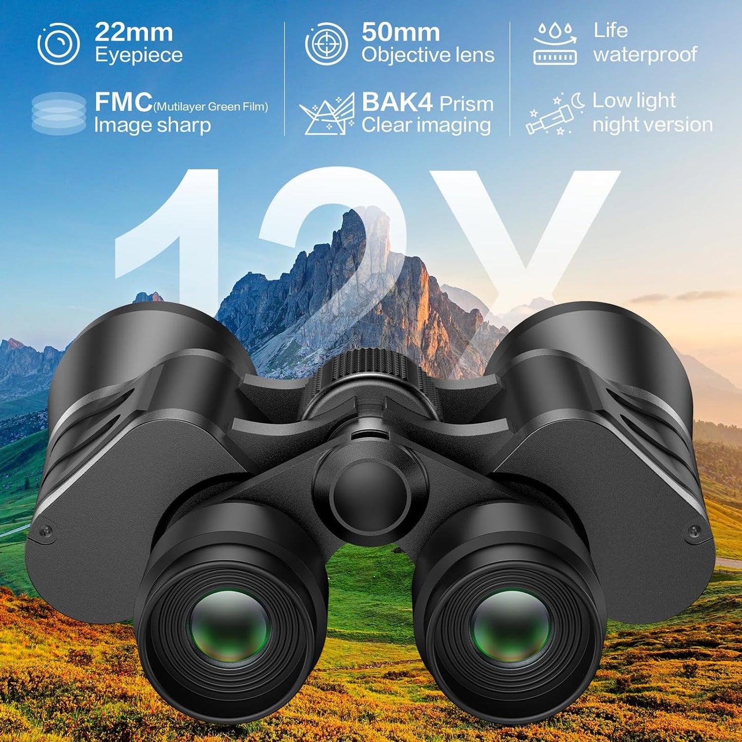 Juyafio 12x50 Binoculars for Adults,HD Binoculars with Low Light Night Vision, Clear FMC BAK4 Prism Lens, Binoculars for Hunting Birds Watching Traveling Stargazing Outdoor Sport, Black