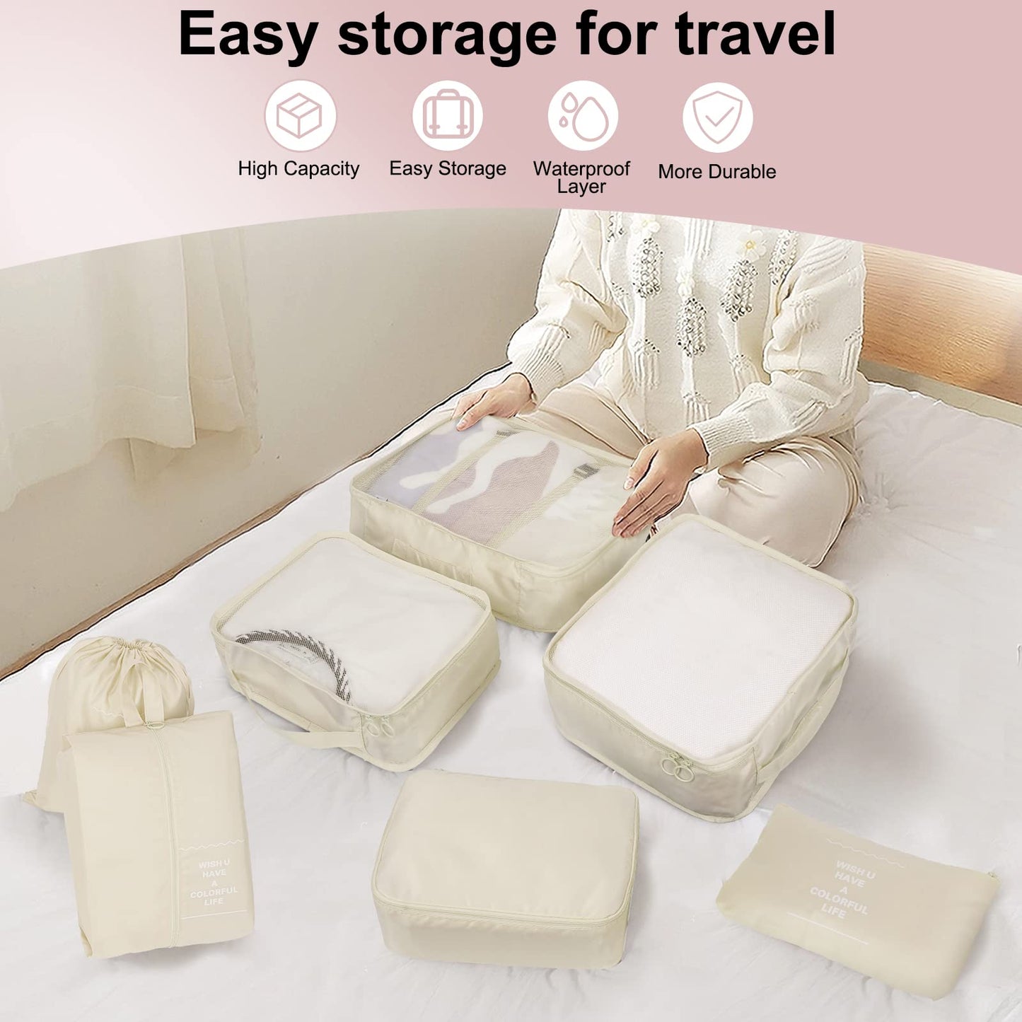 Packing Cubes for Travel 7 Pcs Foldable Set Lightweight Luggage Organizers Beige