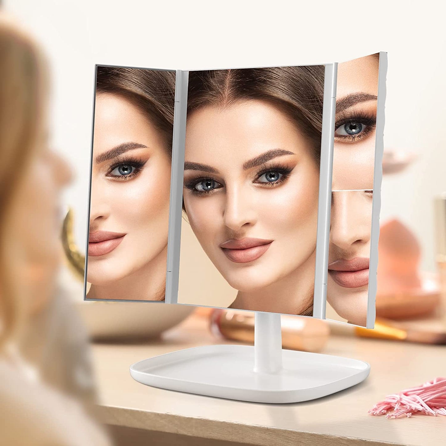 Makeup Mirror Vanity Mirror with 52 LED Lights, 1x 2X 3X Magnification, Trifold Lighted Face Mirrors, Touch Control, with 360 Degree Adjustable Stand Portable, White