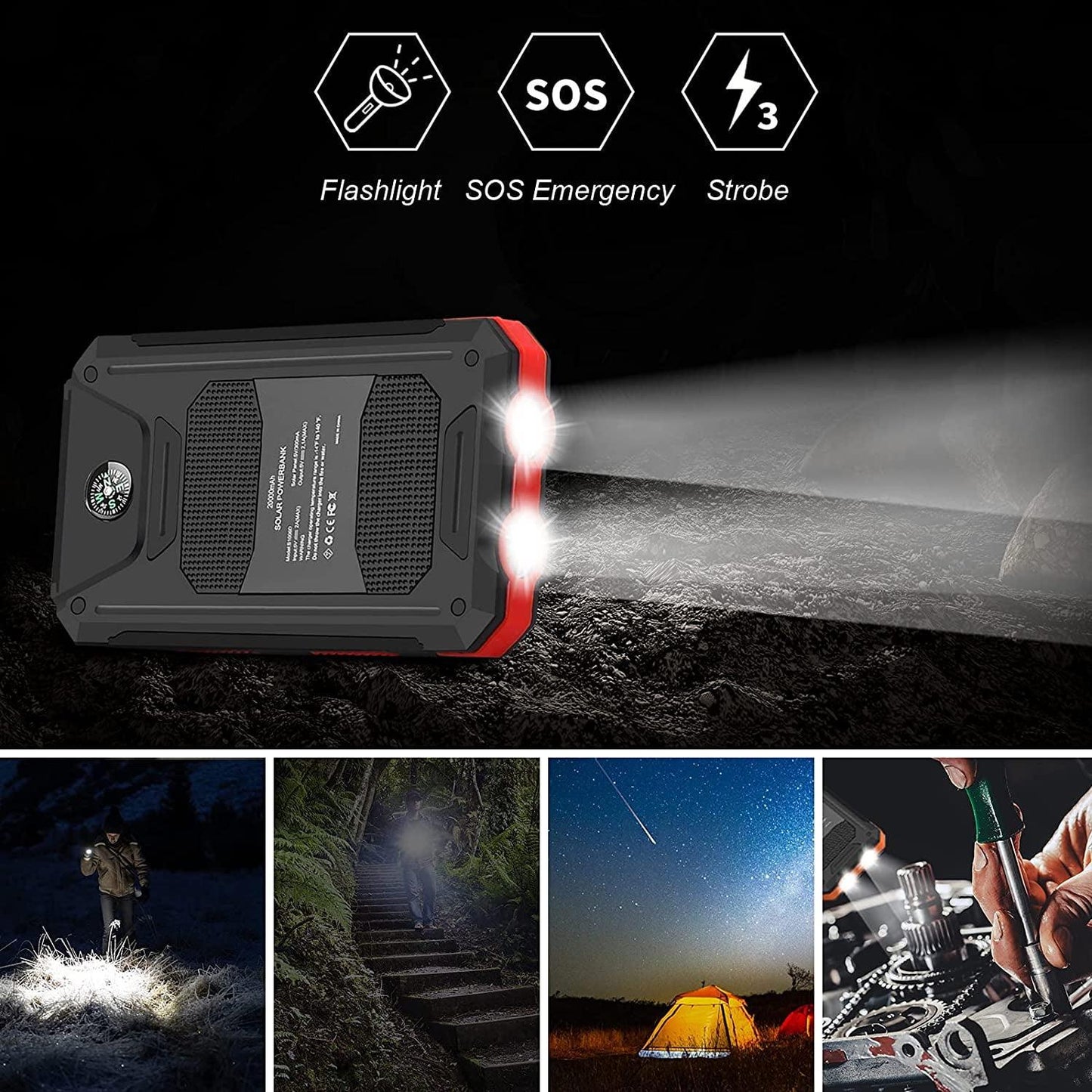 Solar Charger for Cell Phone 20000mAh, Portable Solar Power Bank with Dual 5V USB Ports, 2 Led Light Flashlight, Compass (Red)