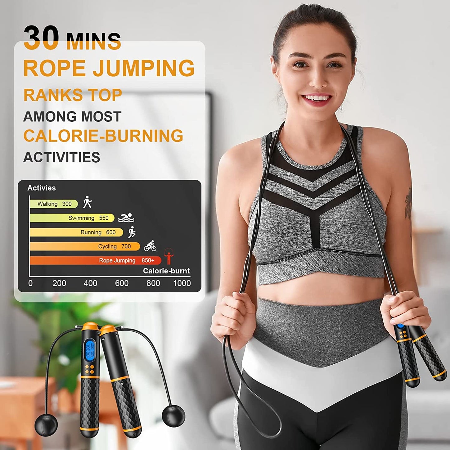 Smart Jump Rope for Men Women Kids, Fitness Skipping Rope with Count Time Calorie Analysis and HD LCD Display, Adjustable Jump Ropes for Home Gym