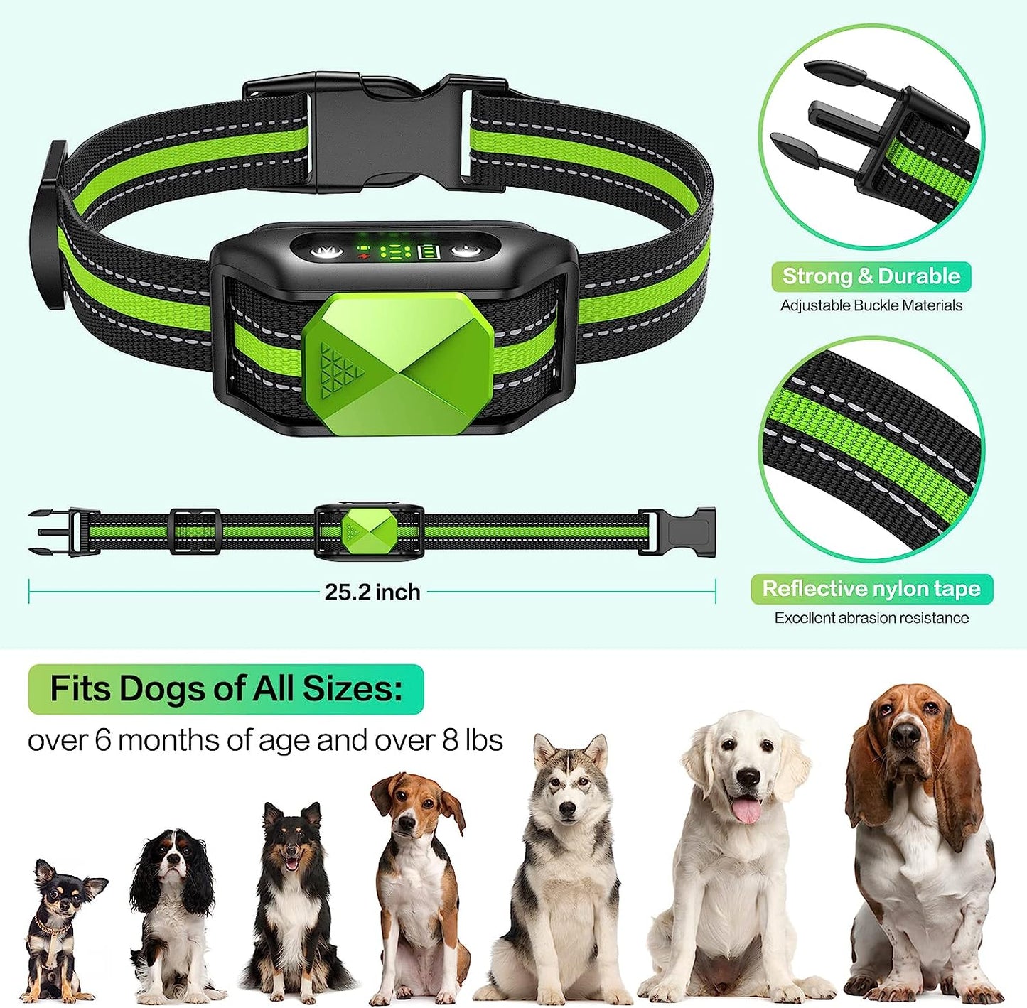 Versatile Dog Bark Collar Rechargeable,No Shock Green Suitable for All Dog Sizes,Equipped with Gentle Beep Vibration for Effective Training Perfect for Home,Walks,Pet Owners and Dog Trainers