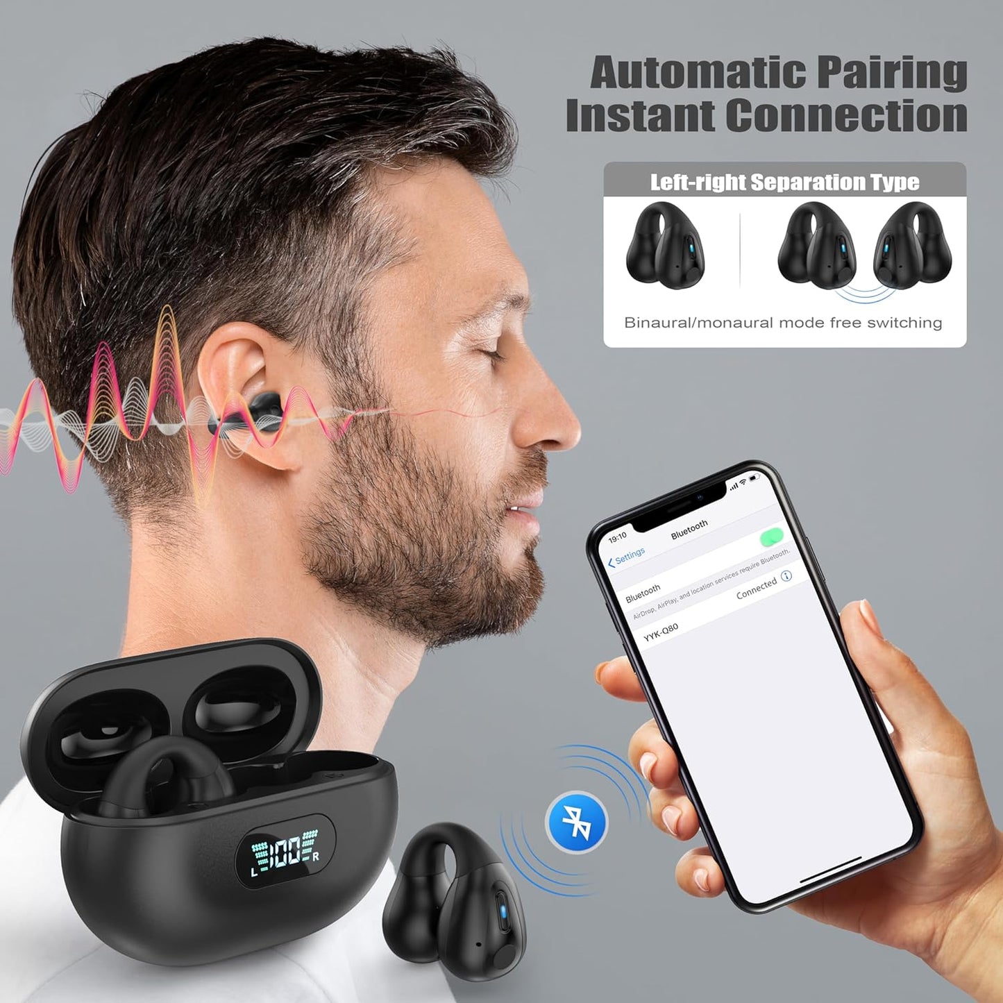 delpattern Wireless Earbuds, Bluetooth 5.3 Headphones with Mic, Sport True Wireless Earphones in Ear Noise Cancelling, Ear Hooks with LED Display Touch Control for Sport/Work, IPX65 Waterproof, Black