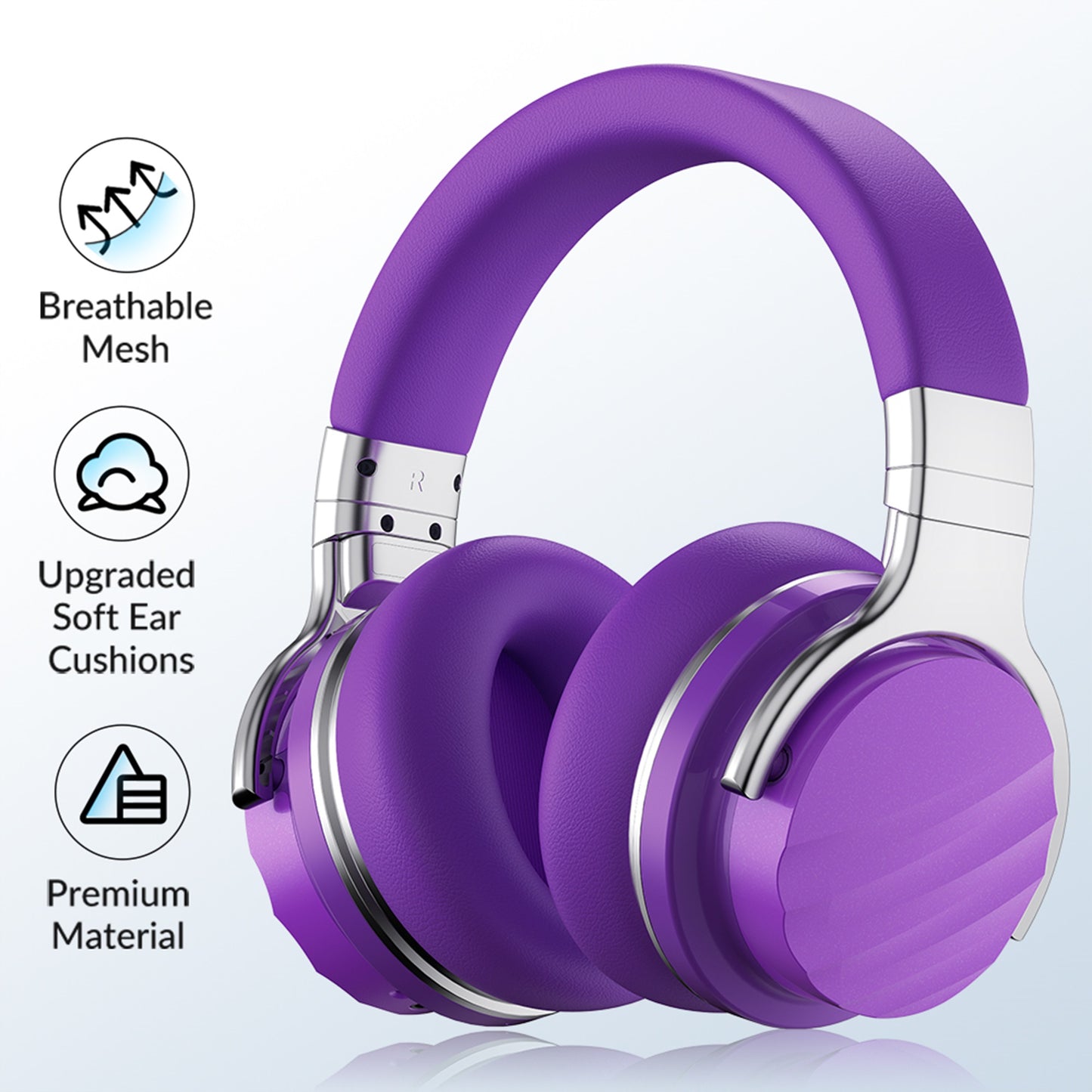 Bluetooth Headphones Noise Cancelling Wireless Over Ear Headphones with Microphone, 30H Playingtime, Purple