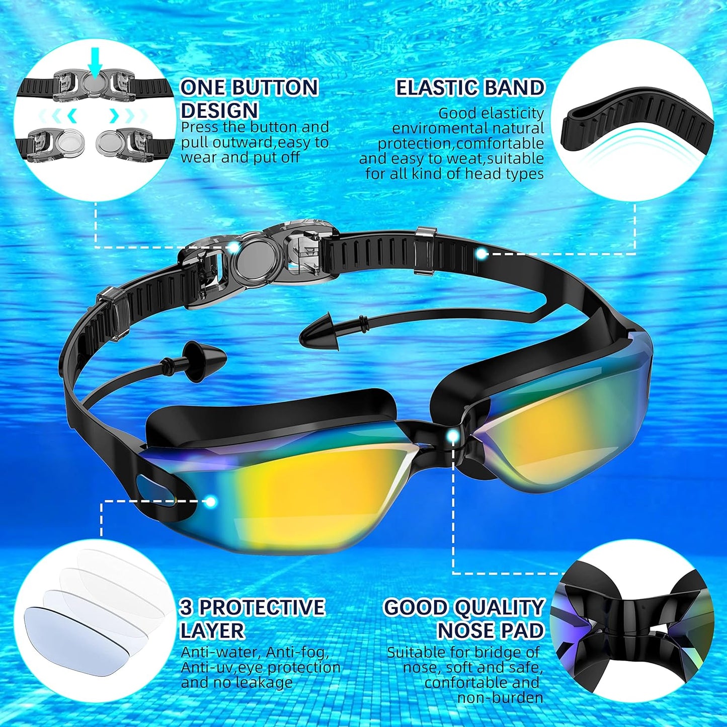 2 Pack Swim Goggles, No Leak Water Swimming Goggles for Kids,Adult,Youth, Goggle with Nose Cover, Tinted, Anti-Fog Lenses with UV Protection