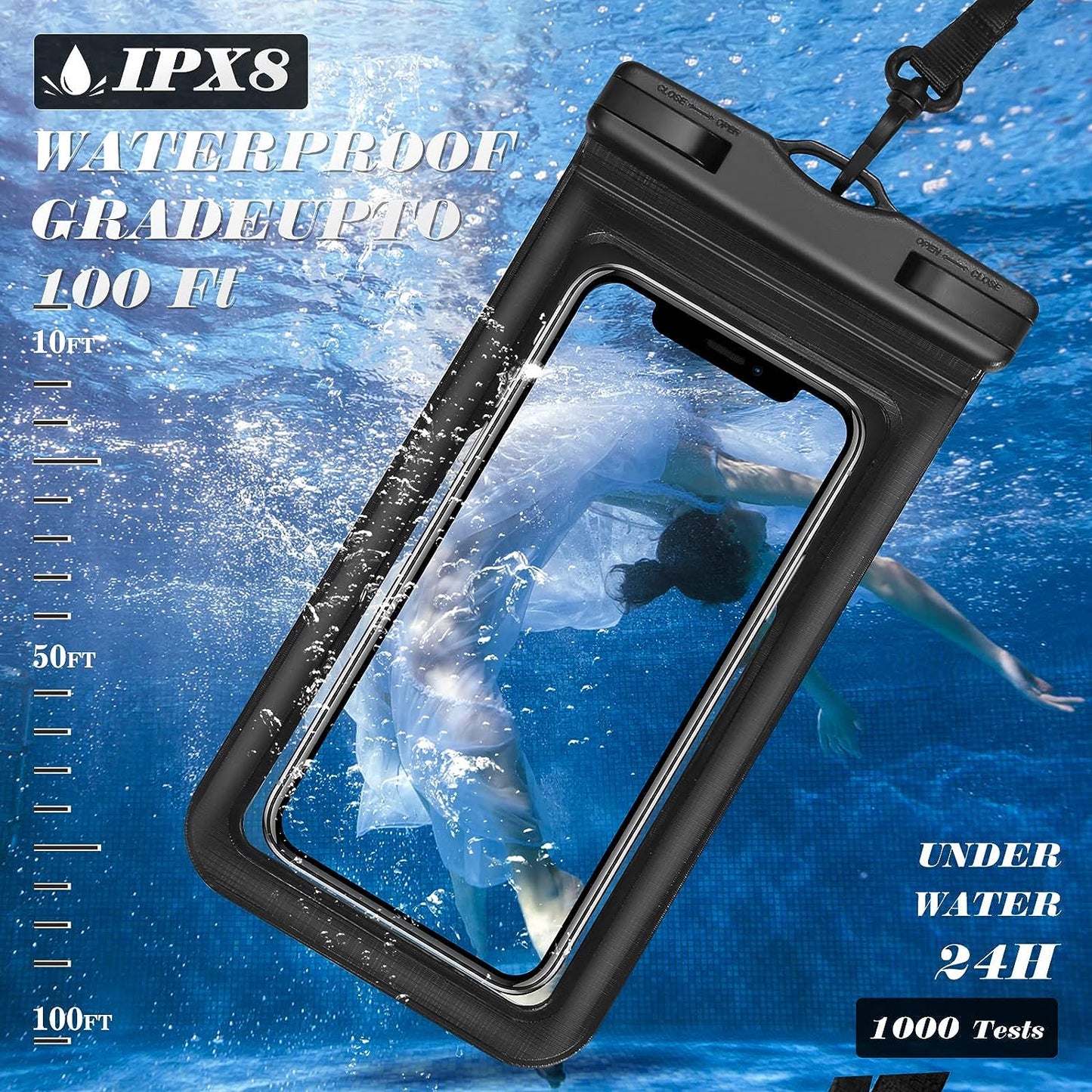 Multi-Device Waterproof Phone Case: IPX8 Certified for iPhone/Android, Ideal for Outdoor Adventures, Beach Visits, Tourists & Tech Lovers, Stylish 8.3-inch Black+Blue Design, Max Protection