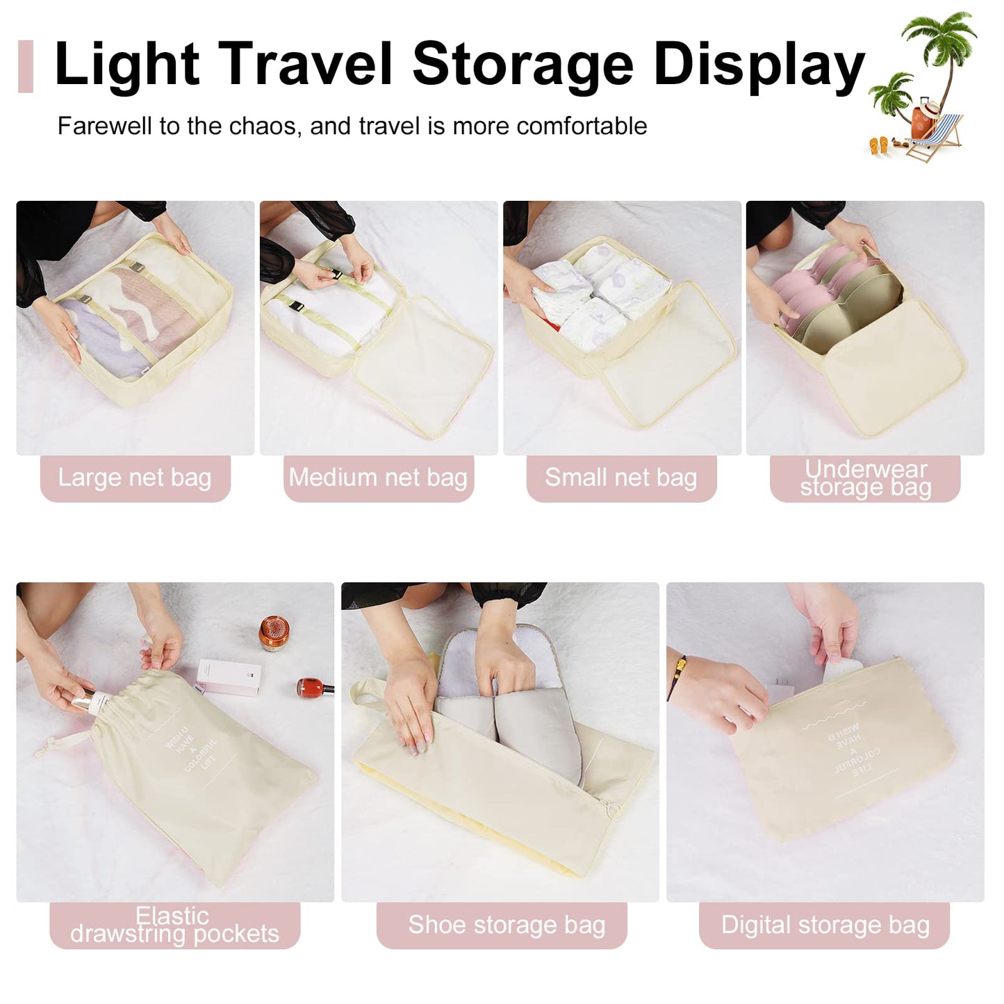 Packing Cubes for Travel 7 Pcs Foldable Set Lightweight Luggage Organizers Beige