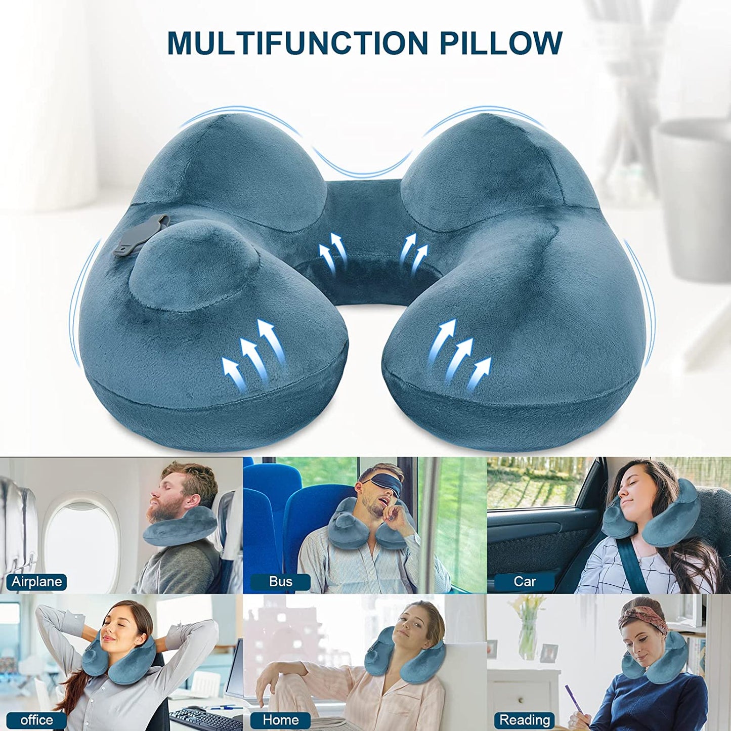 Self-Inflatable Travel Pillow for Sleeping Airplane Train Car Office U-Shaped Hump Napping Pillow with Washable Cover and Packsack, Adjustable Neck/Chin Support