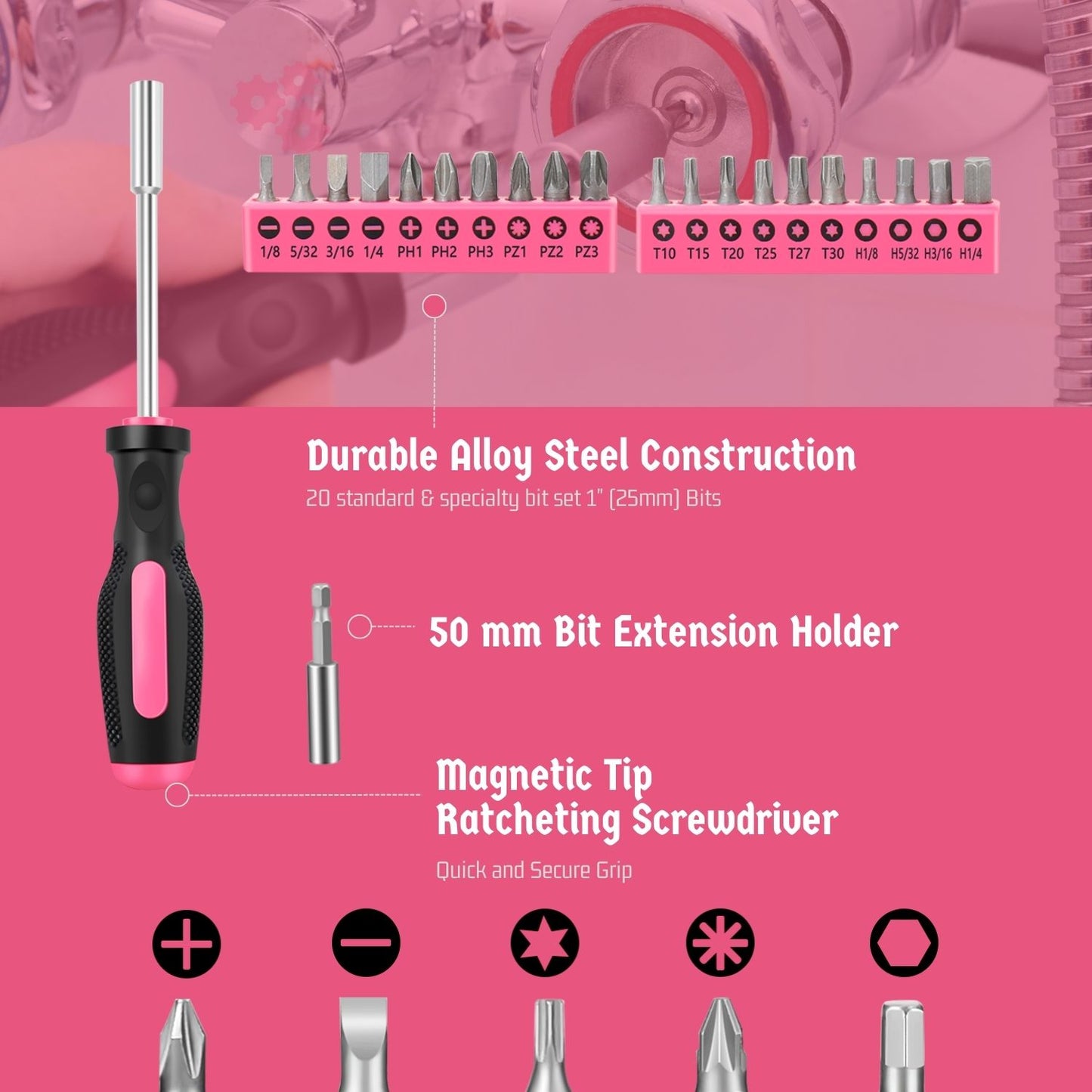 Pink Power Screwdriver Sets - Magnetic Screwdriver - Tool Sets for Women - Insulated Screwdriver Set - 39 Piece Phillips Head Hammer and Flat Head Tool for Women